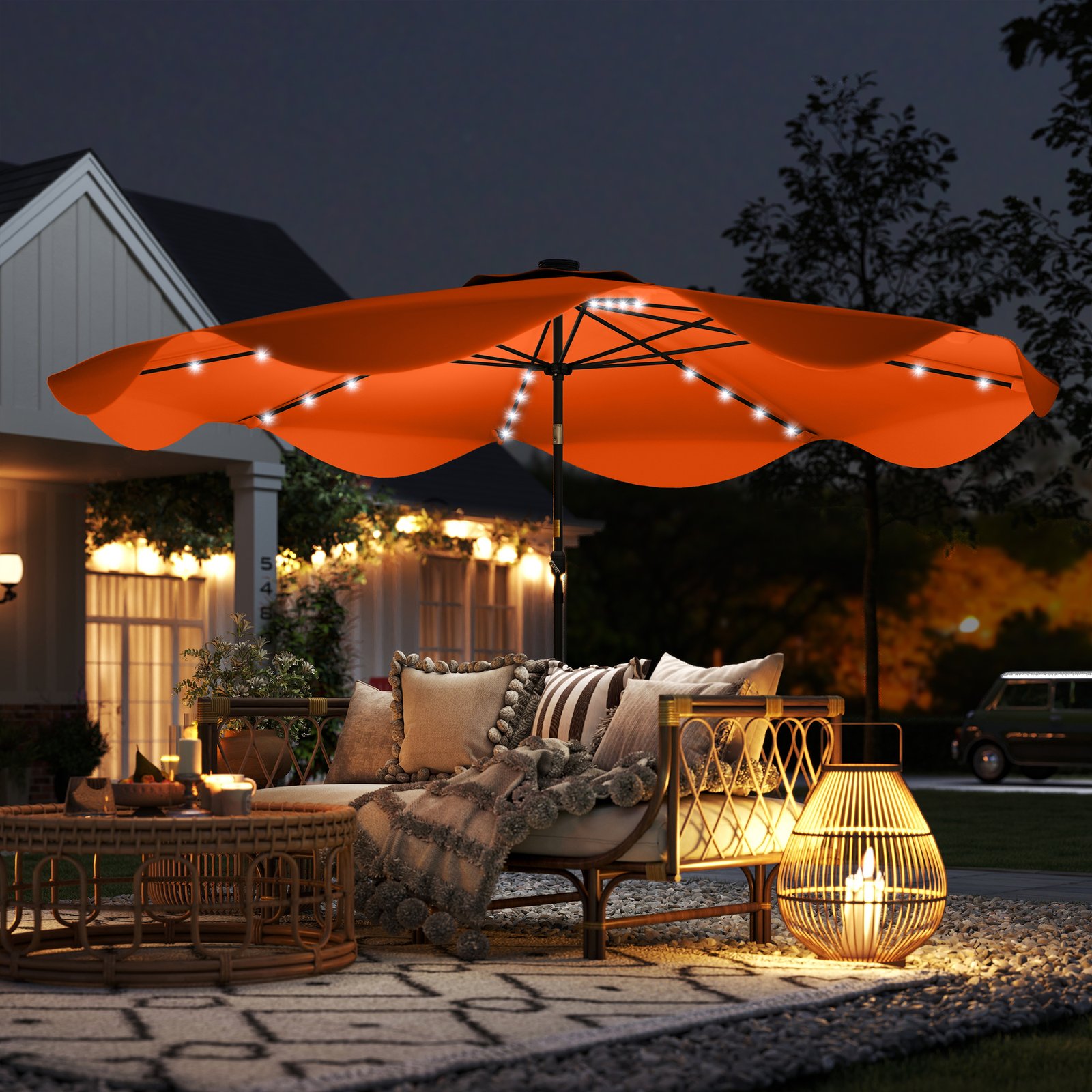 Outsunny Solar Patio Umbrella with LED and Tilt, Outdoor Market Table Umbrella Parasol with Crank, 3 x 3 (m), Orange