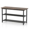 3-Tier Shoe Storage Bench with Metal Slat Shelves and Long Wooden Seat-Rustic Brown