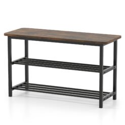 3-Tier Shoe Storage Bench with Metal Slat Shelves and Long Wooden Seat-Rustic Brown