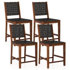 Woven Bar Stools Set of 4 with Faux PU Leather Straps-Black