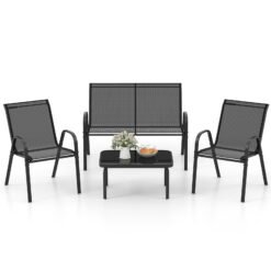 4 Piece Modern Chair and Table Set with Fabric Seat and Tempered Glass Tabletop-Black
