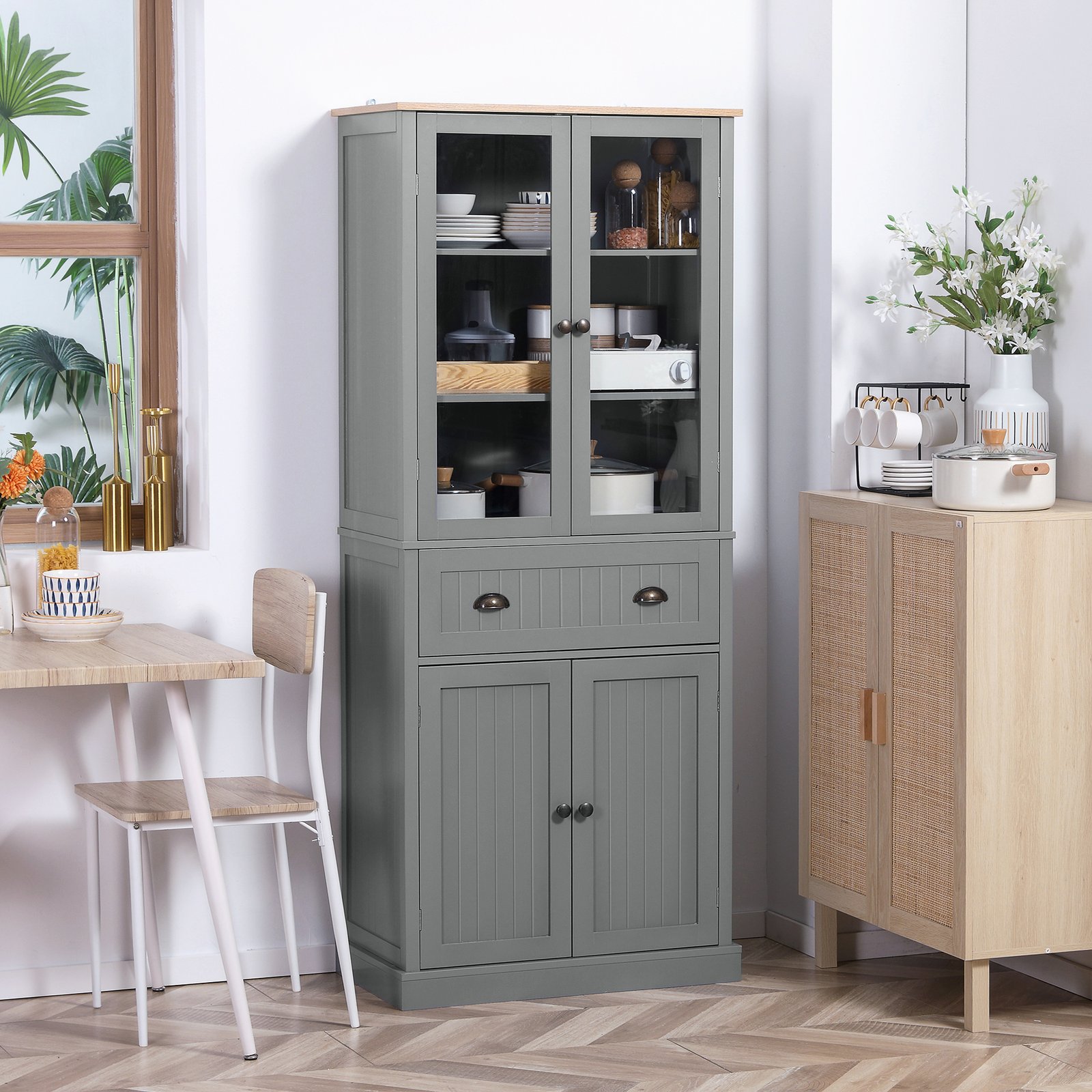 HOMCOM 180cm Tall Kitchen Pantry Cupboard, Freestanding Storage Cabinet with 5 Tier, Adjustable Shelves,  Drawer, Grey