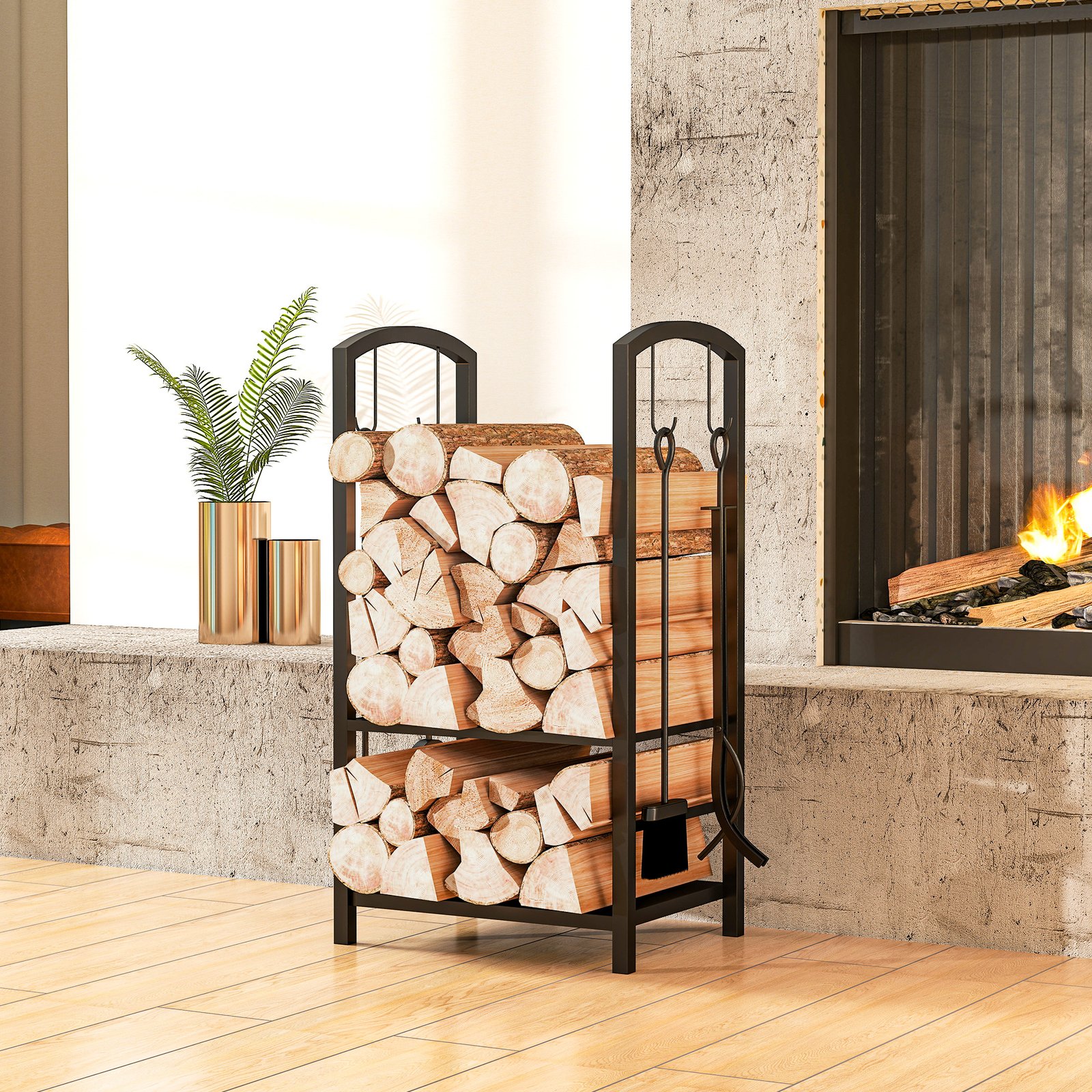 Outsunny Metal Firewood Log Holder 2 Layer Firewood Rack Indoor Outdoor Fireplace Wood Storage Shelf with 4 Tools and Hooks, Black, 40L x 30W x 74.5H cm