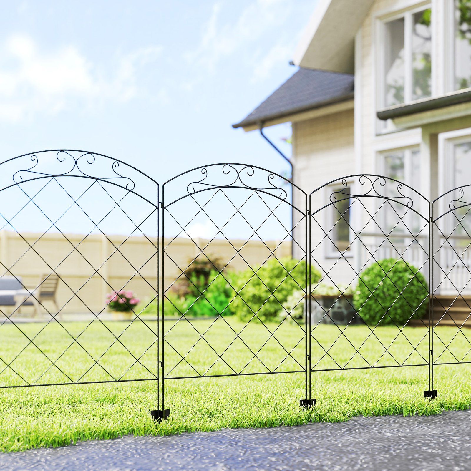 Outsunny Steel Decorative Swirls Outdoor Picket Fence Panels Set of 4, Black