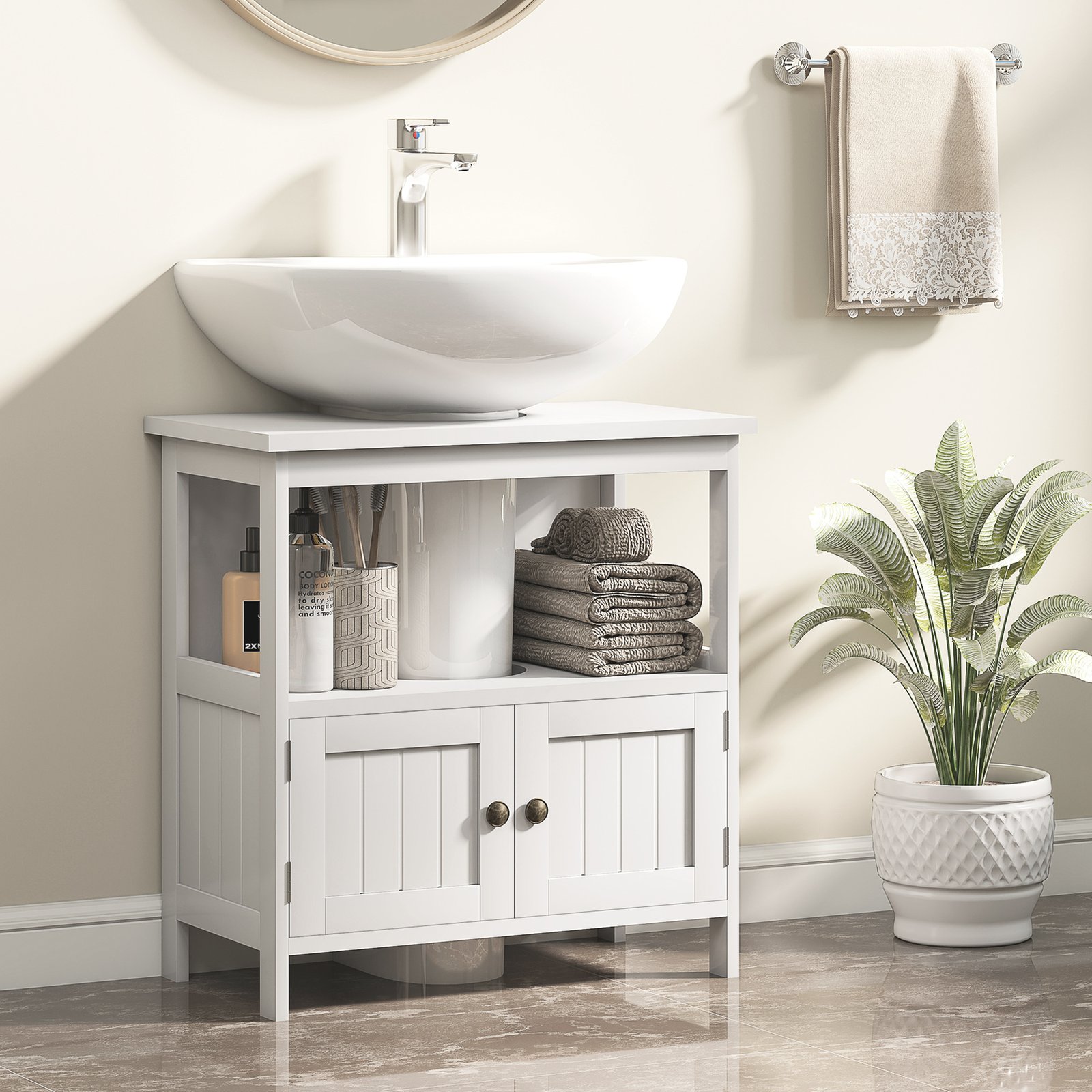 kleankin Pedestal Under Sink Cabinet with Double Doors, Modern Bathroom Vanity Storage Unit with Shelves, White