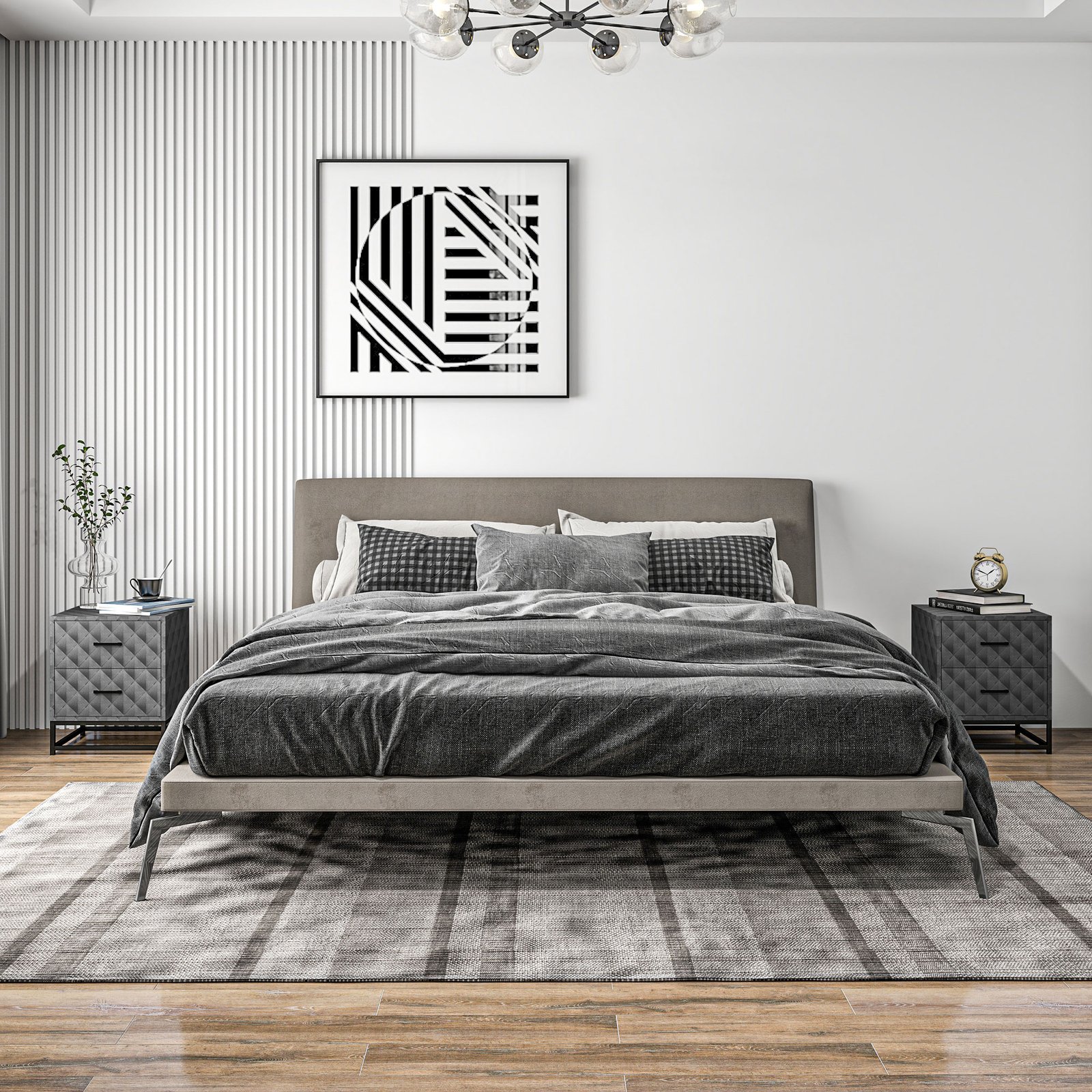 HOMCOM Bedside Tables Set of 2, Modern Bedside Table Nightstand with 2 Drawers, Bedside Cabinet Sofa Side Table with Storage, Steel Legs for Bedroom, Living Room, Grey