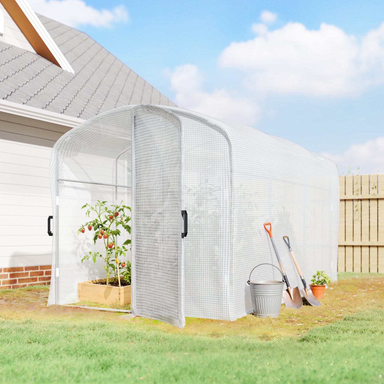 Outsunny Polytunnel Greenhouse Walk-in Grow House with UV-resistant PE Cover, Door and Galvanised Steel Frame, 2 x 2 x 2m, White