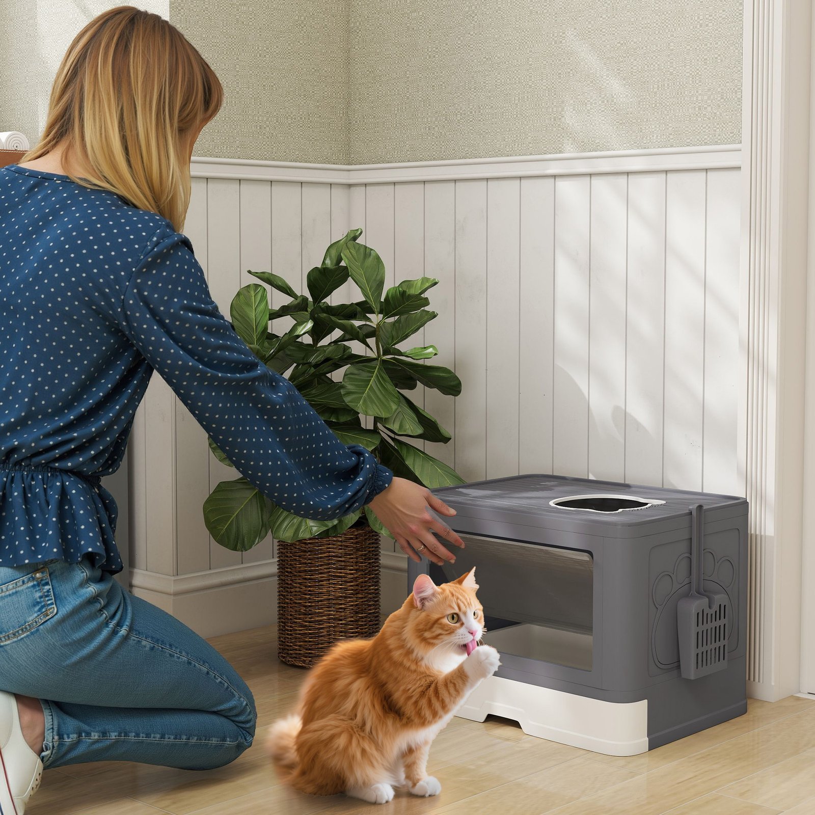 PawHut Enclosed Cat Litter Box with lid, Front Entry, Top Exit, Drawer, Tray, Scoop, Brush, 48.5 x 38 x 36.5cm - Grey