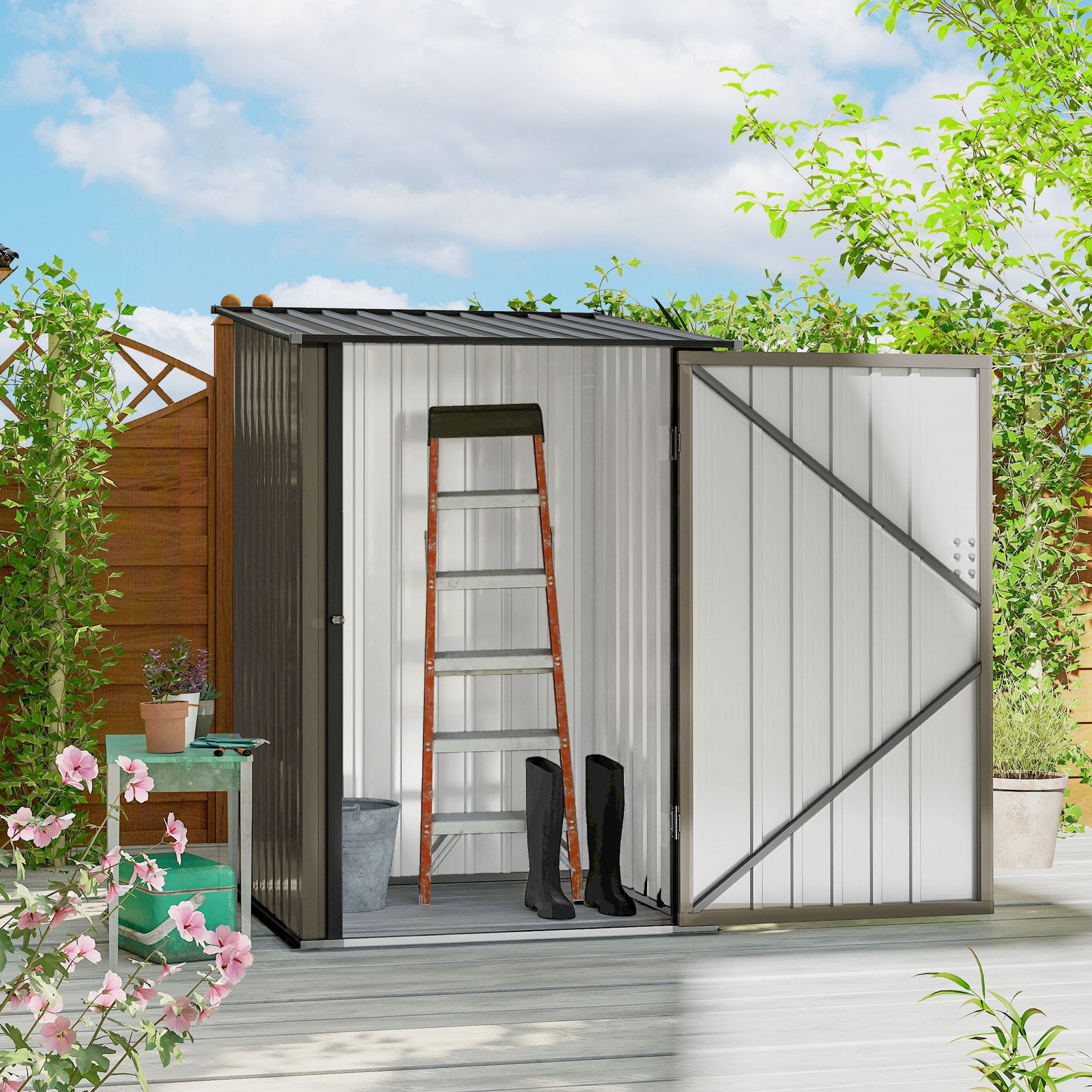 Outsunny 3.3 x 3.4ft Lean To Steel Garden Shed, with Locking Door - Brown/Grey