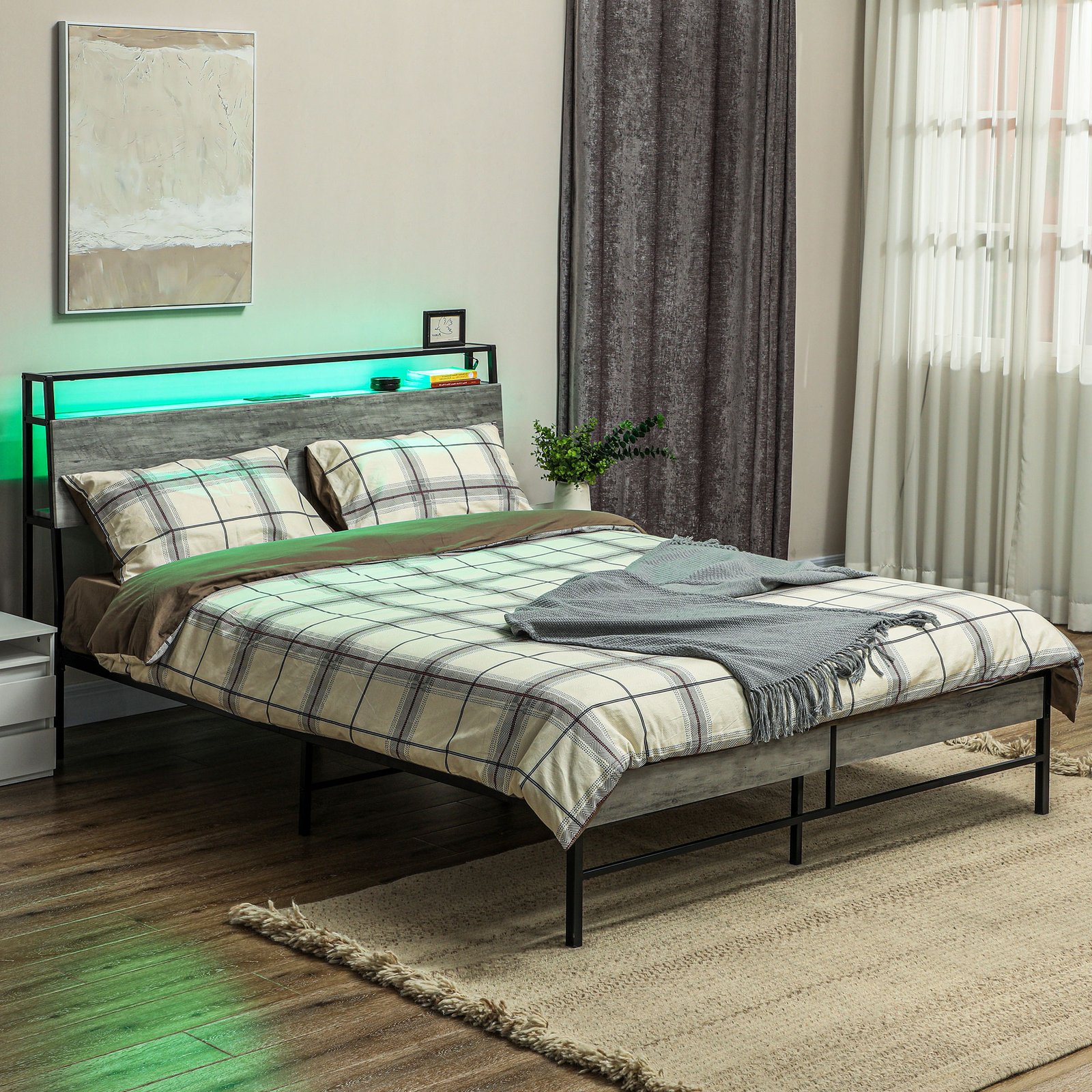 HOMCOM Double Steel Bed Frame, with LED Lights and Shelf - Grey
