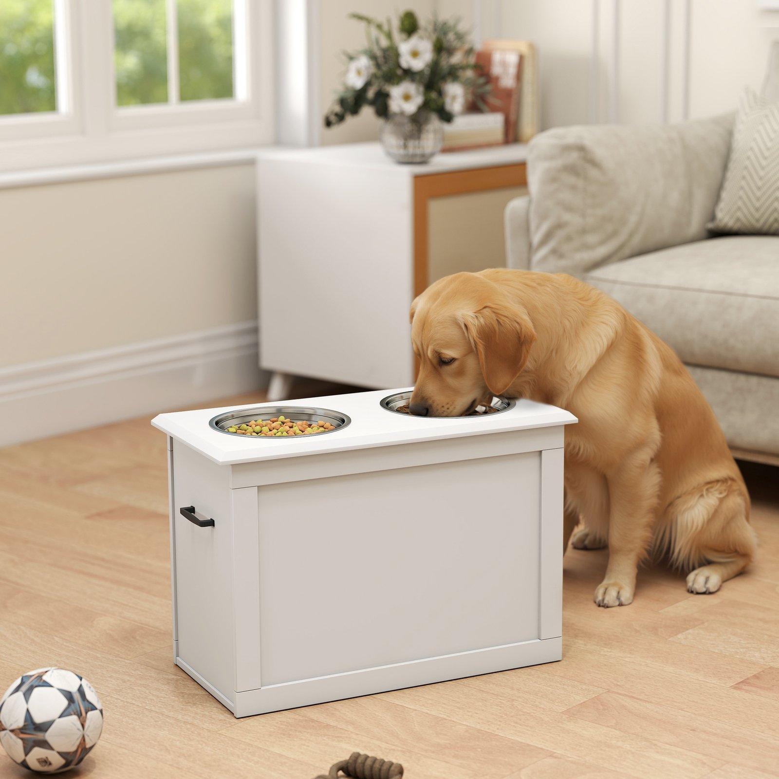 PawHut Raised Dog Bowls, with Storage, Two Stainless Steel Bowls, Elevated Base - White