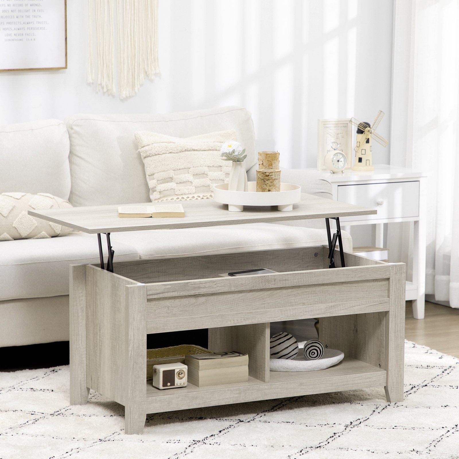 HOMCOM Lift Top Coffee Table w/ Hidden Storage Compartment Open Shelves Lift Tabletop Pop Up Centre Table for Living Room Oak Effect