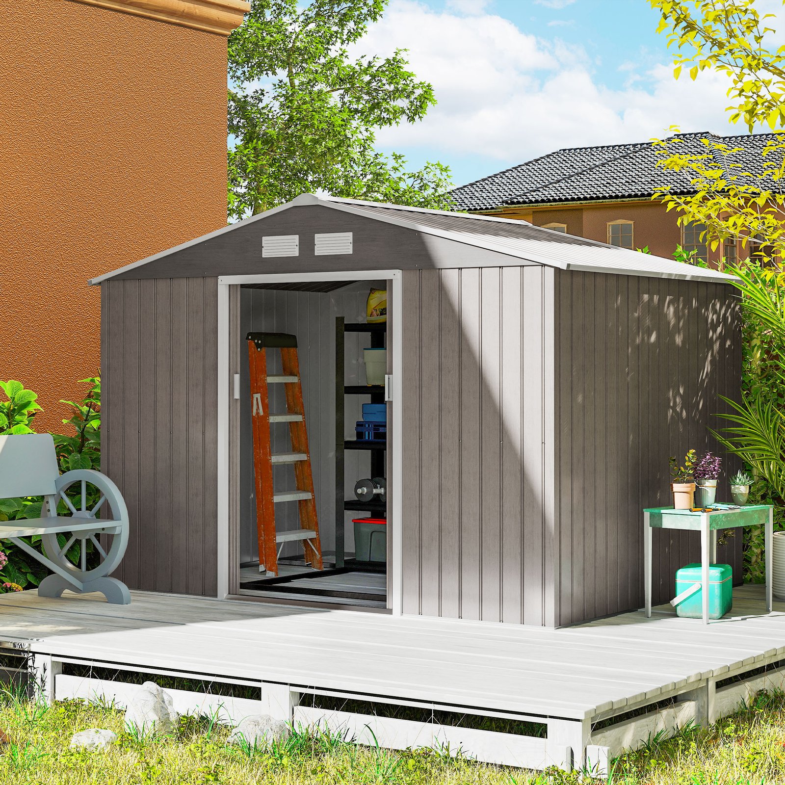Outsunny 9 x 6ft Steel Garden Shed, Outdoor Storage Tool House with Vents, Foundation and Lockable Double Doors, Brown