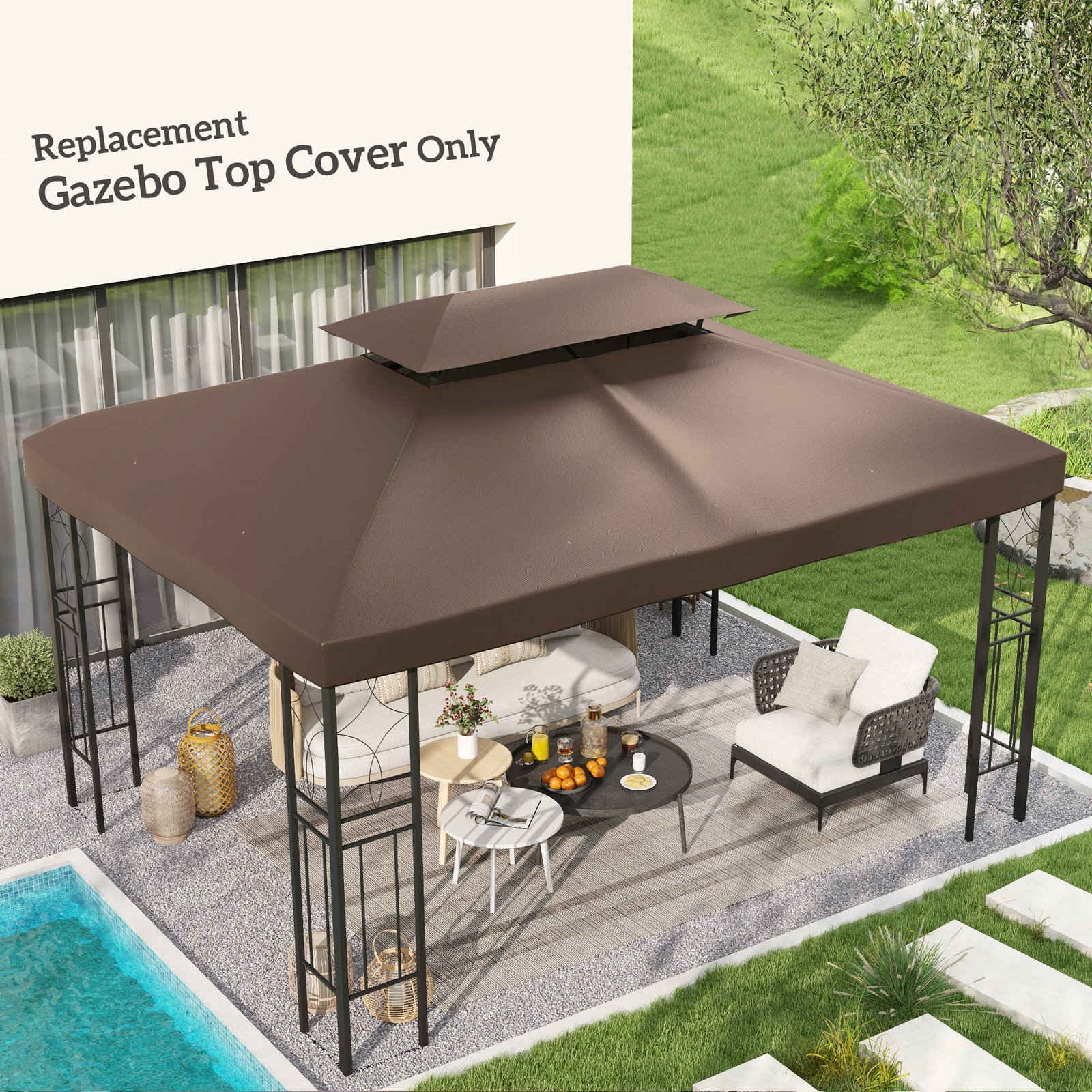 Outsunny 3x4m Gazebo Replacement Roof Canopy 2 Tier Top UV Cover Garden Patio Outdoor Sun Awning Shelters, Brown  (TOP COVER ONLY)
