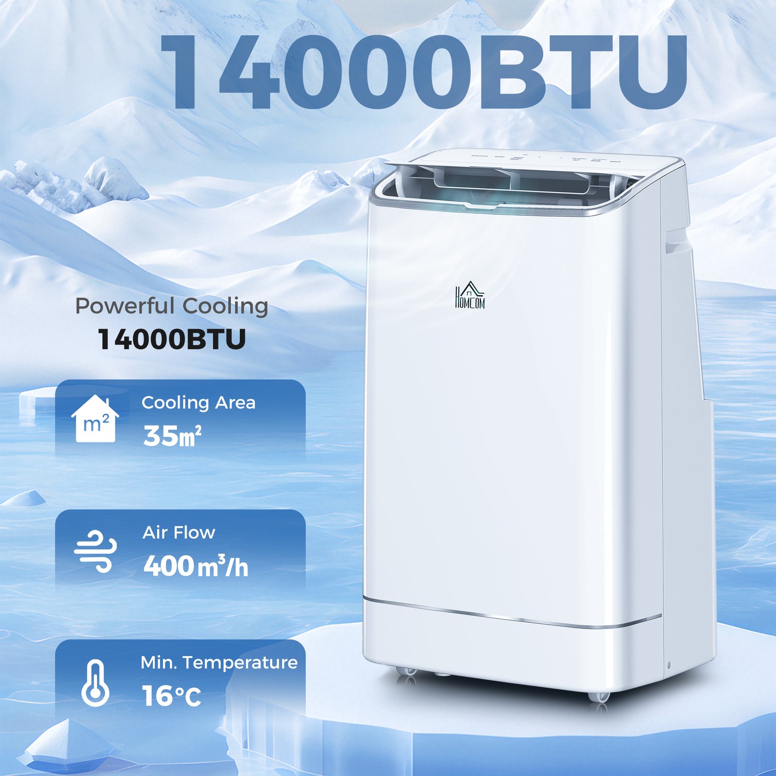 HOMCOM 14000 BTU Mobile Air Conditioner, 35m, Smart Home WiFi, with Dehumidifier, Fan, 24H Timer, Window Kit, White
