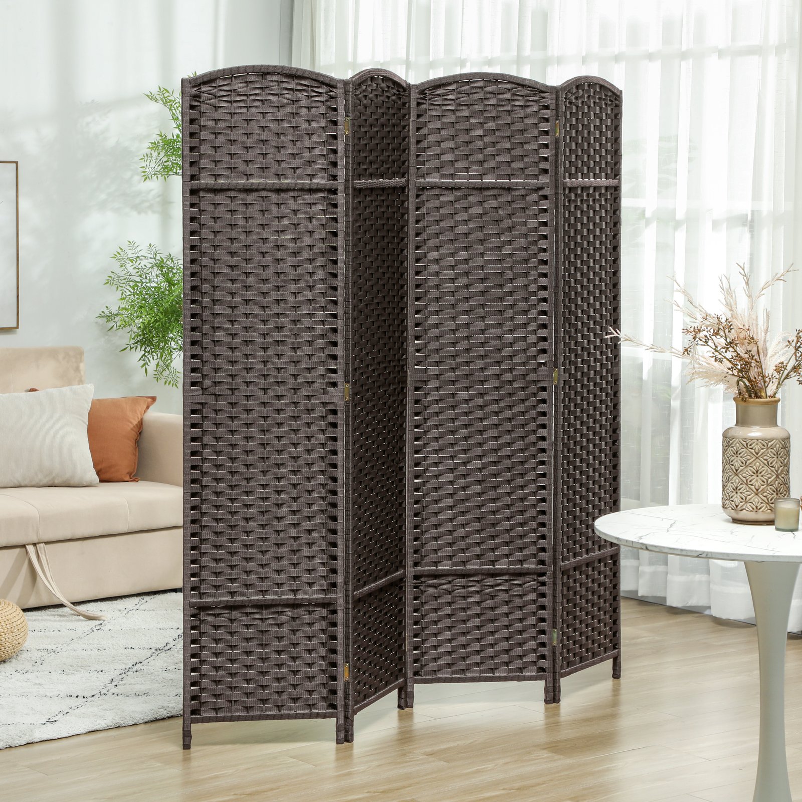 HOMCOM 4 Panel Folding Room Divider, Freestanding Privacy Screen for Living Room, Bedroom and Office, 160 x 170cm, Brown