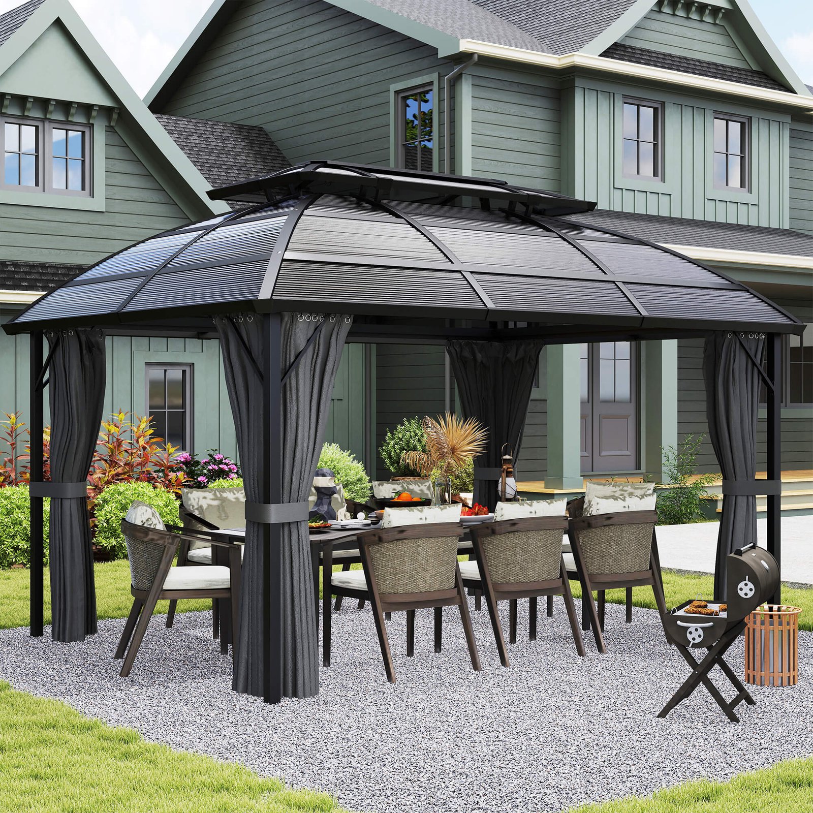 Outsunny 4 x 3m Aluminium Frame Hard Gazebo, with Accessories - Black