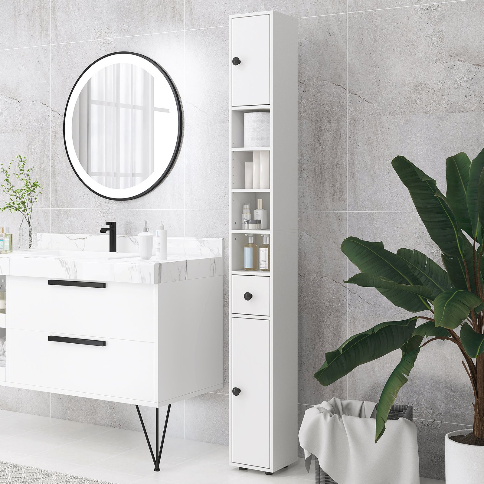 kleankin 180cm Slim Bathroom Cabinet with 9-layered Independent Storage for Family-friendly Storage  - White