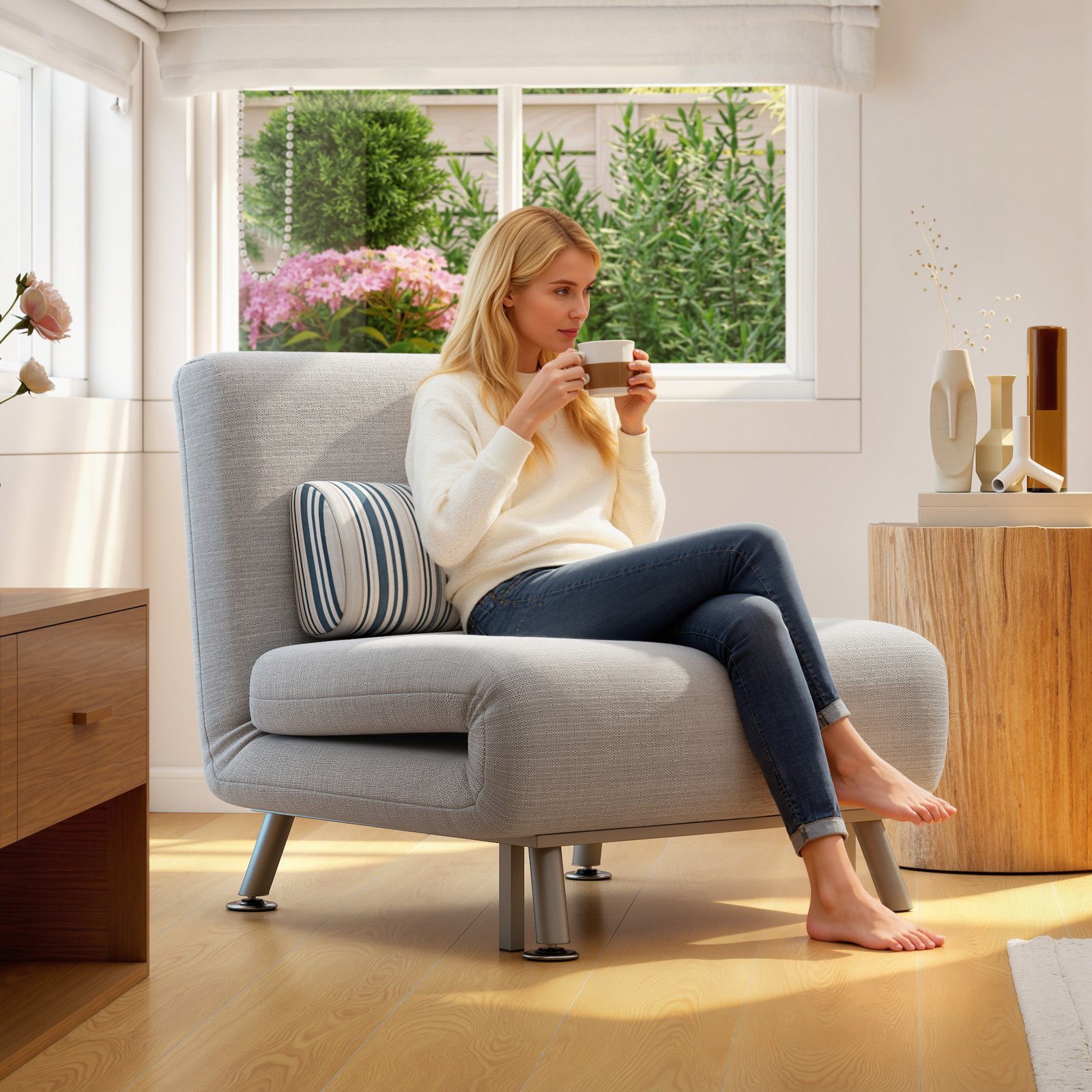 HOMCOM Single Sofa Bed, 1 Person Sleeper Foldable Lounge with Pillow, Light Grey