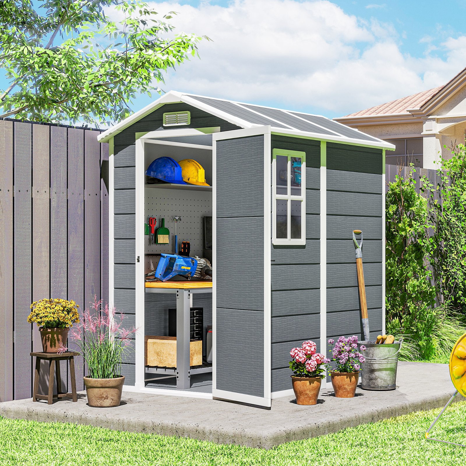 Outsunny 4 x 6ft Garden Shed, Plastic Shed with Floor, Window, Lockable Door and Vents, Resin Tool Shed for Outdoor Patio Storage, Zero Maintenance, Grey