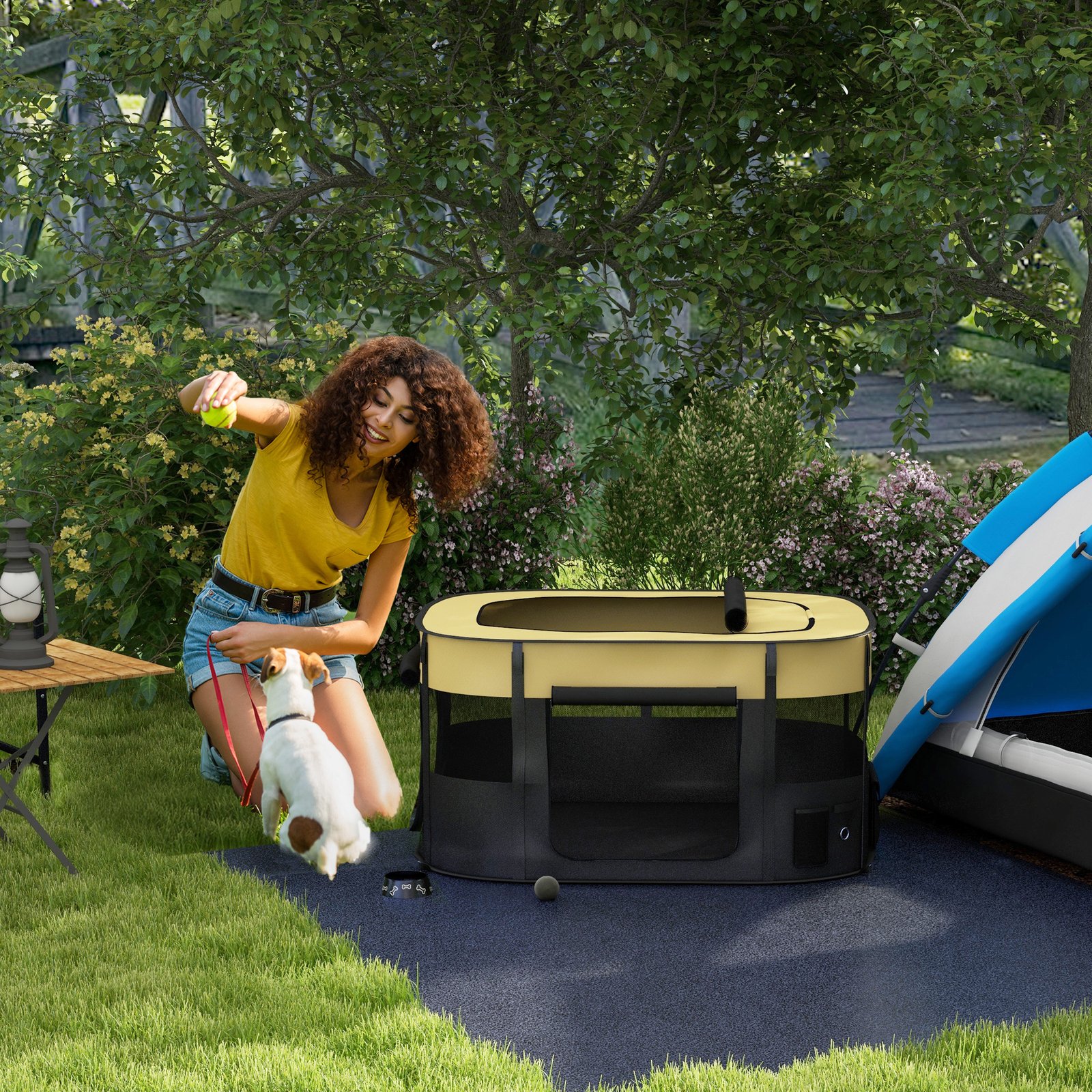 PawHut Foldable Dog Pen with Storage Bag for Indoor/Outdoor Use, Portable Pet playpen, with Ground Stakes - Yellow