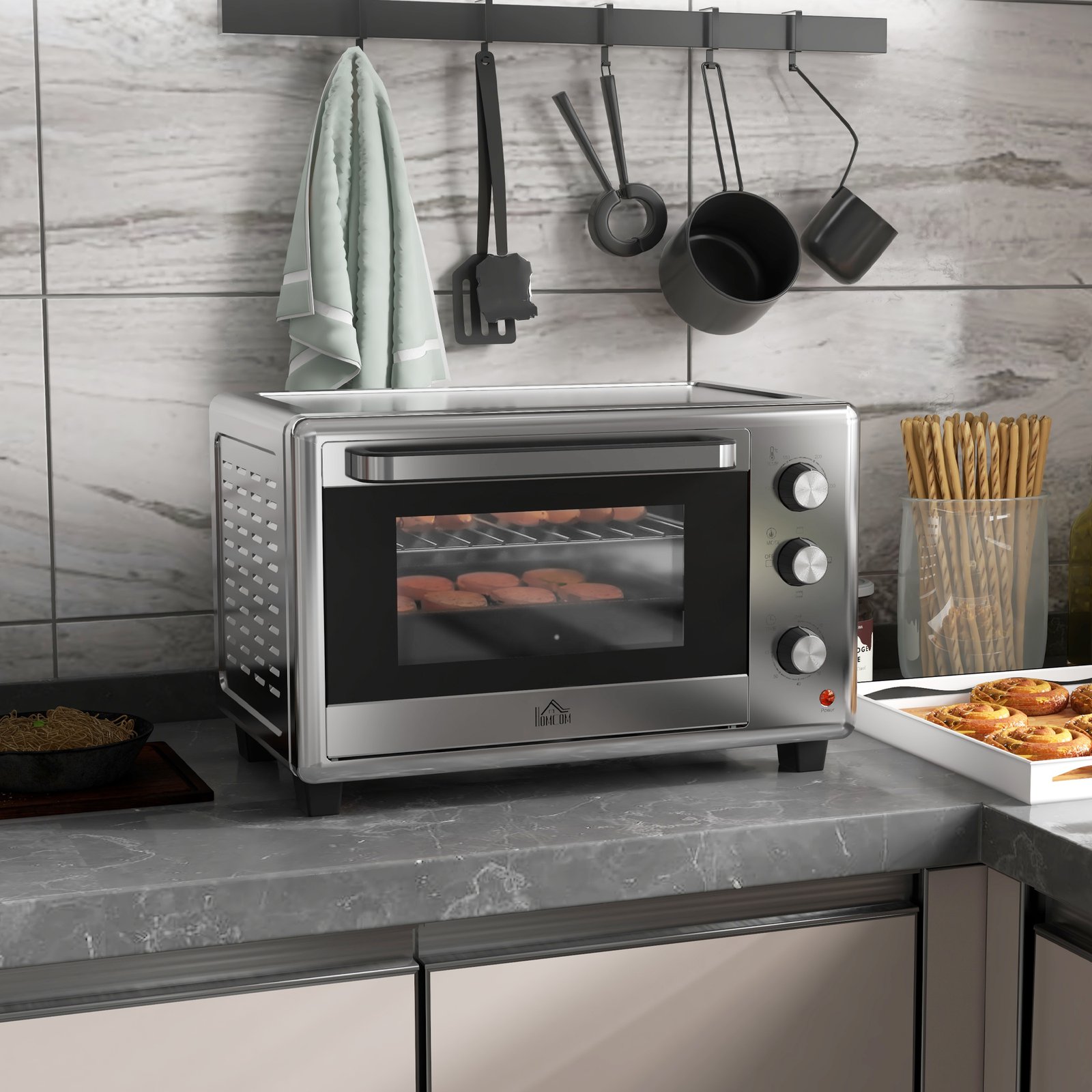 HOMCOM 30L 60-230? Mini Electric Oven, with Accessories - Silver Tone