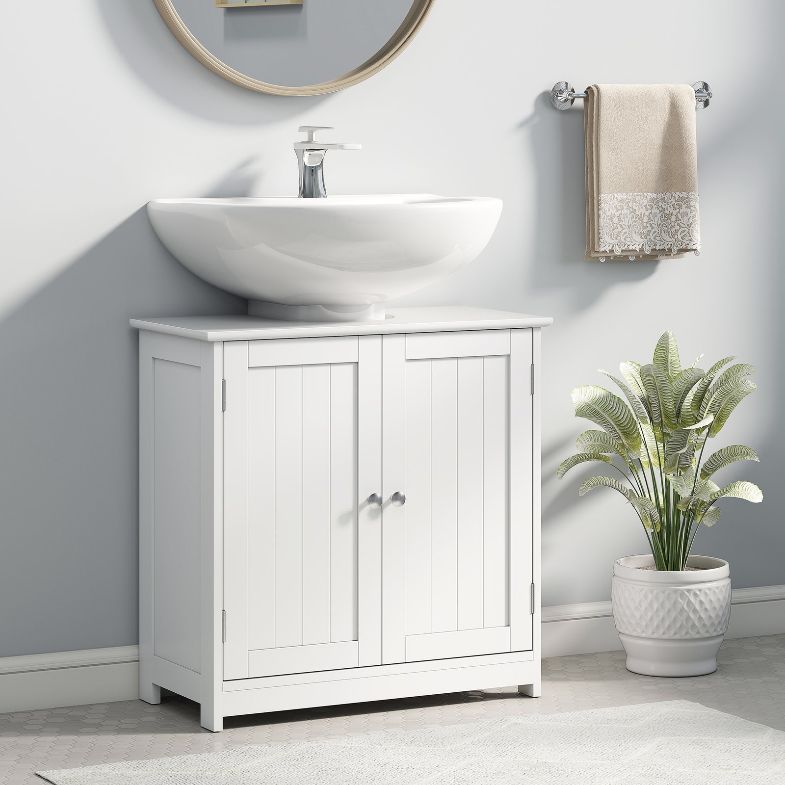 kleankin Under Sink Bathroom Cabinet, Freestanding Under Sink Cabinet with 2 Doors and Adjustable Shelf for Basin without or with Pedestal, White