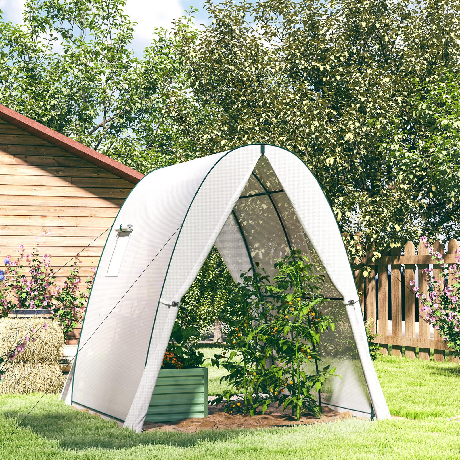Outsunny Hoop House Greenhouse with Sandbags, Walk-In Tunnel Green House with 2 Doors and Screen Windows, 1.8 x 1.8 x 2m, White