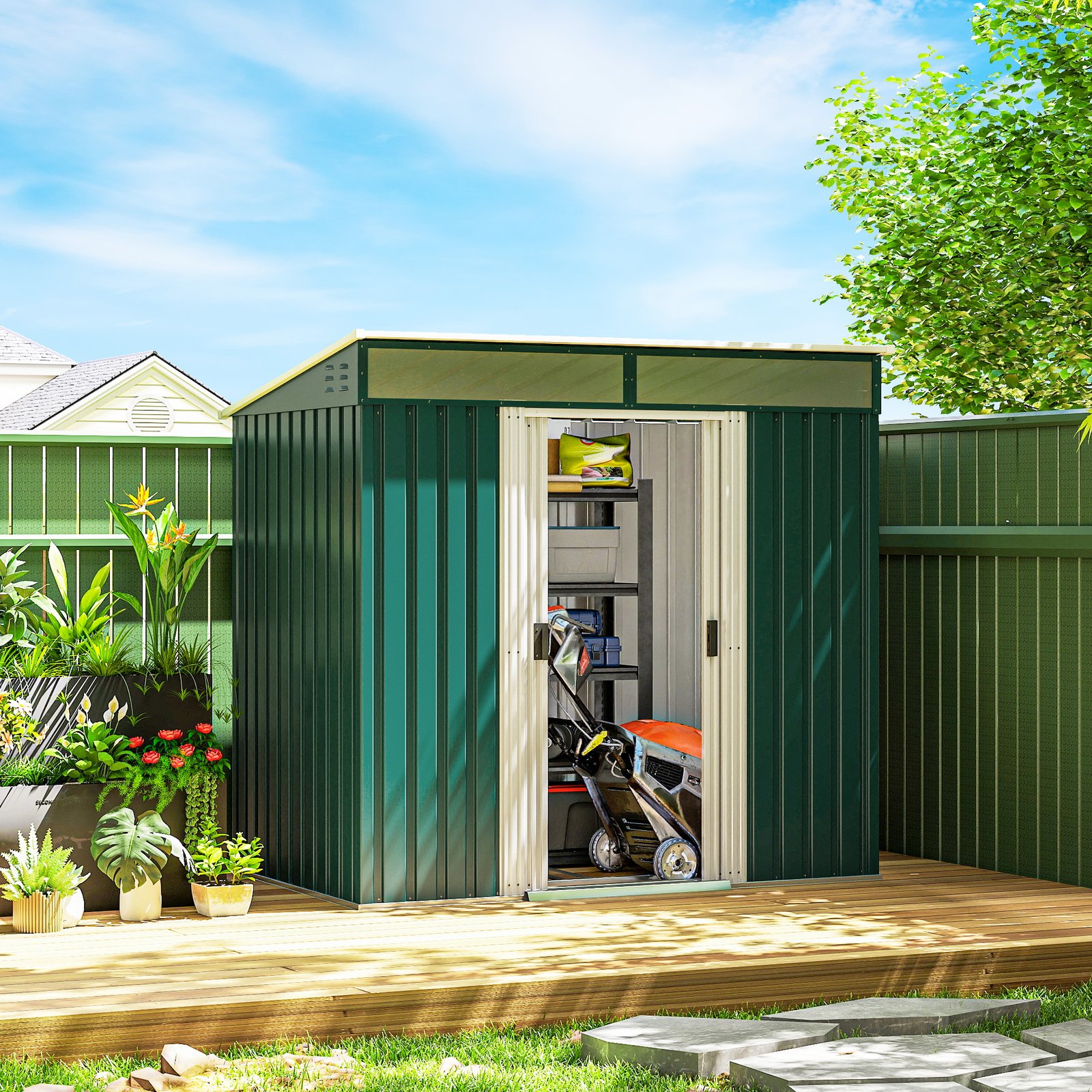 Outsunny 6.5 x 4FT Galvanised Metal Shed with Foundation Kit, Lockable Tool Garden Shed with Double Sliding Doors, Vents, Green