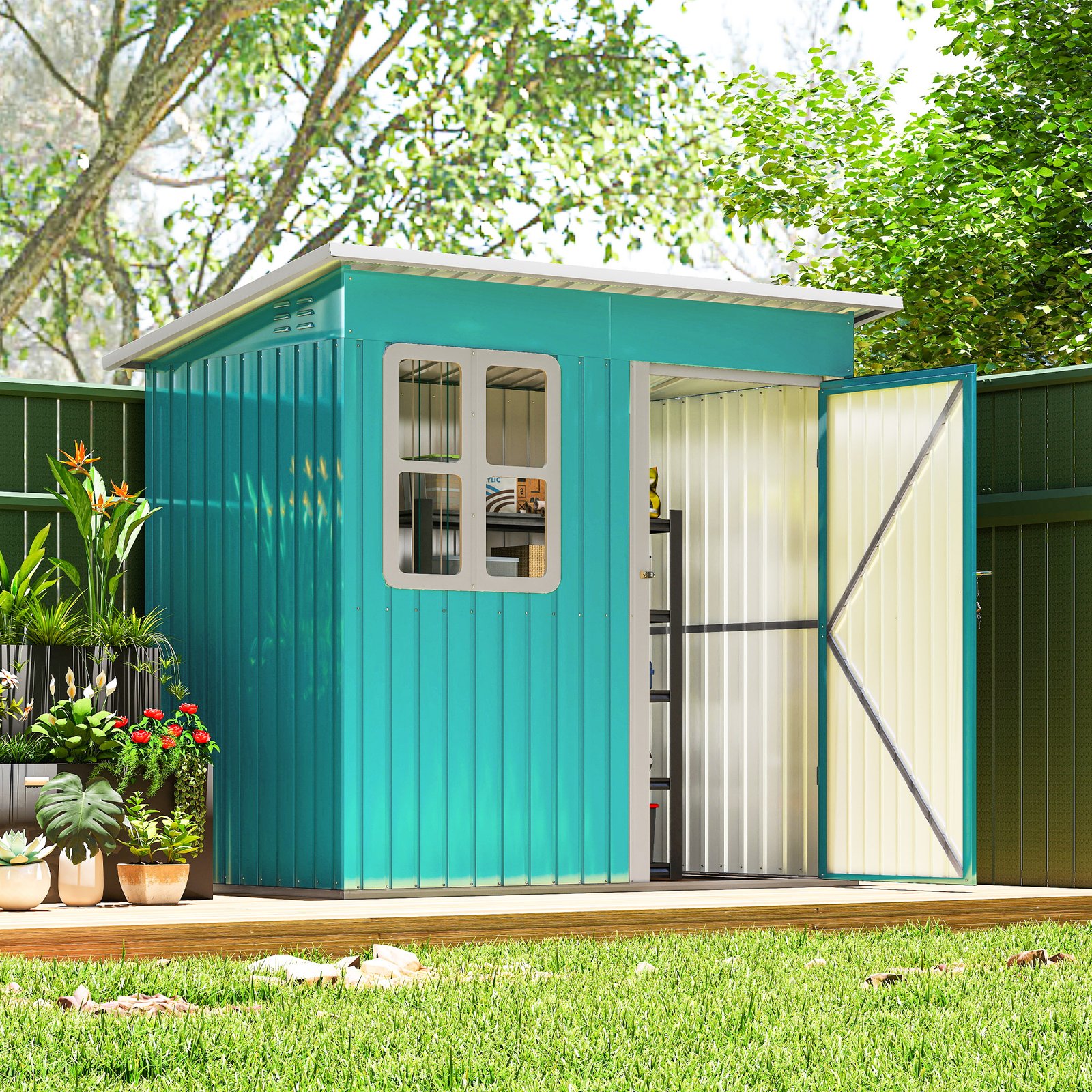 Outsunny 7 x 4ft Galvanised Steel Garden Shed, with Lock and Gloves - Green
