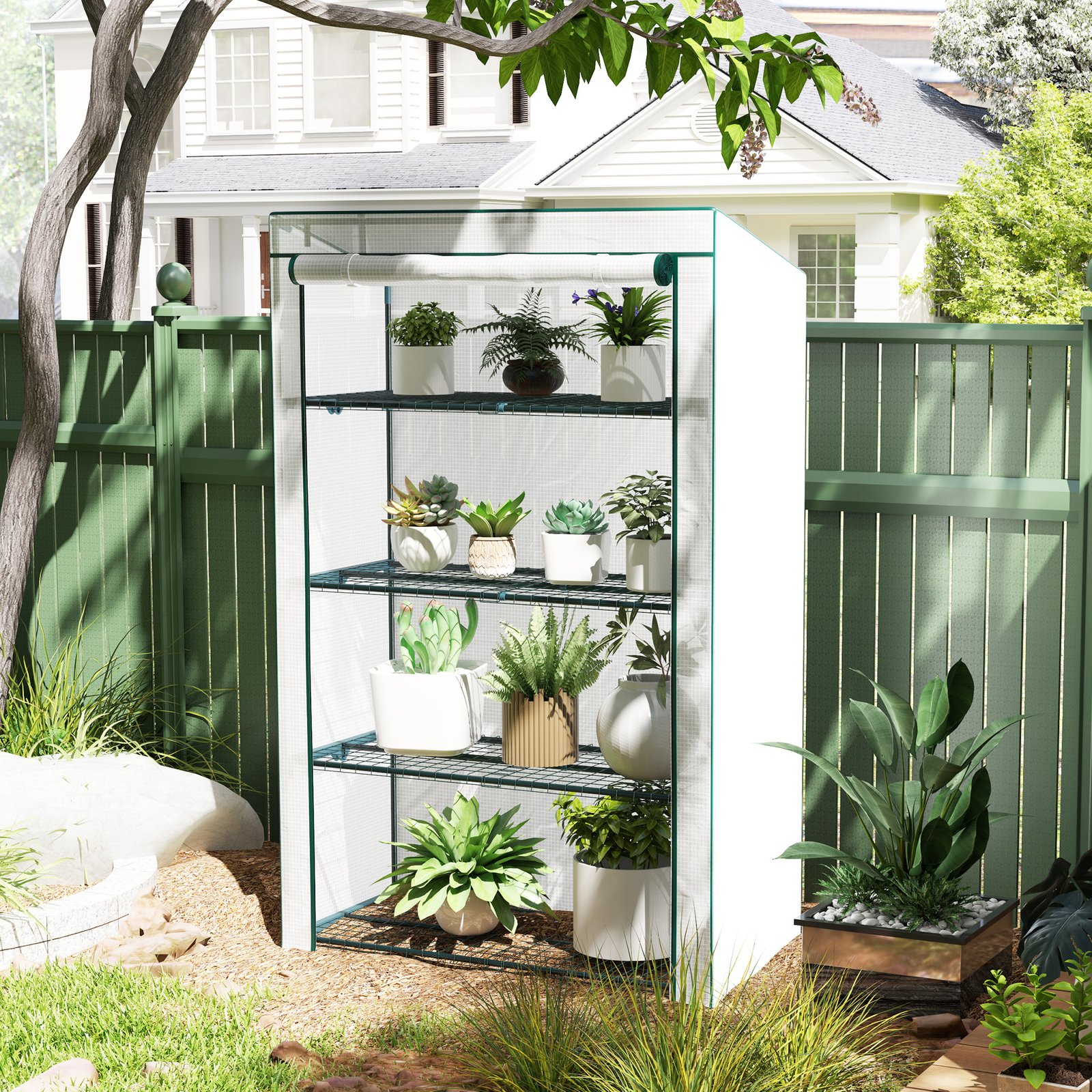 Outsunny Four-Tier Mini Greenhouse - Green/White
