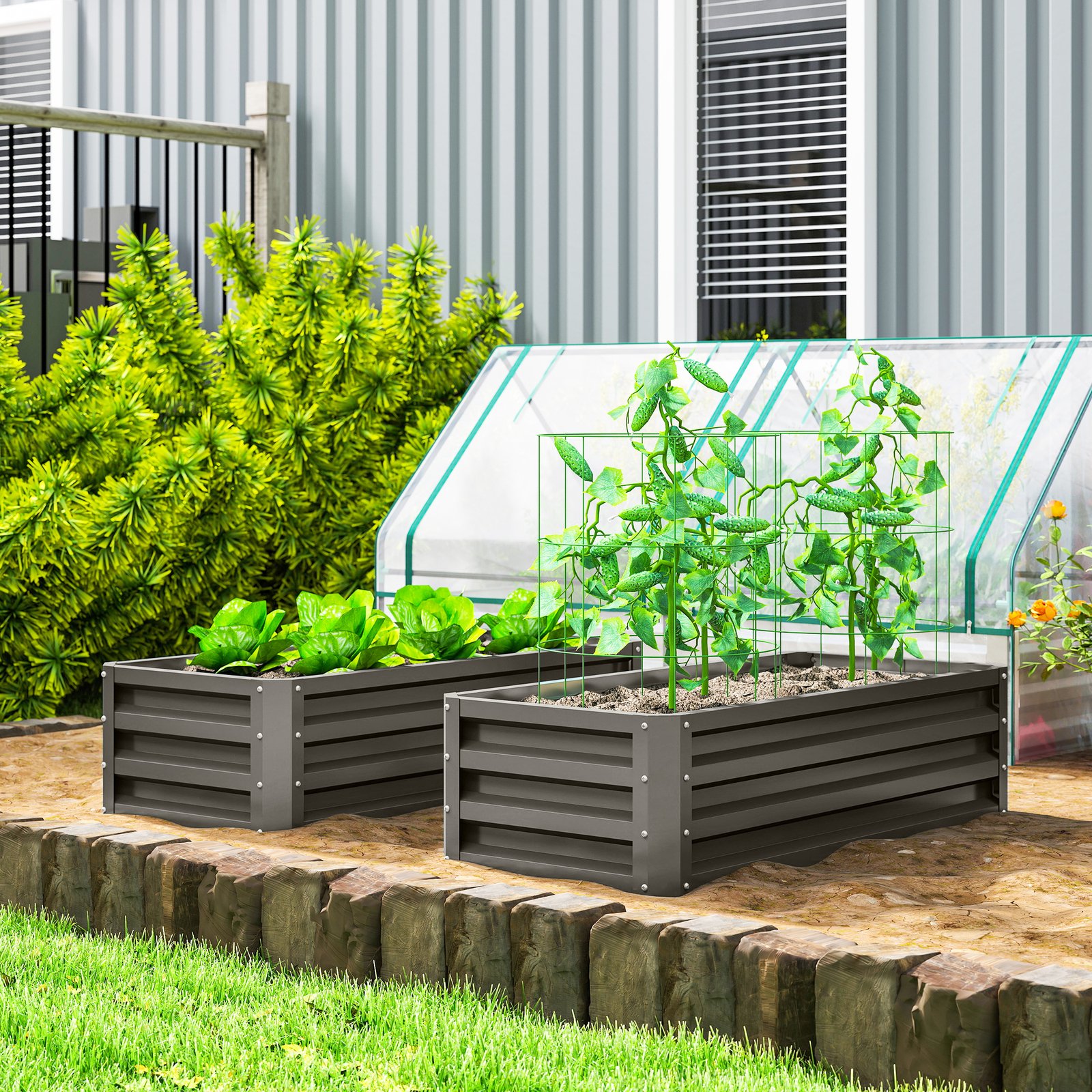 Outsunny Set of Two 110 x 50cm Steel Planter Boxes -  Dark Grey