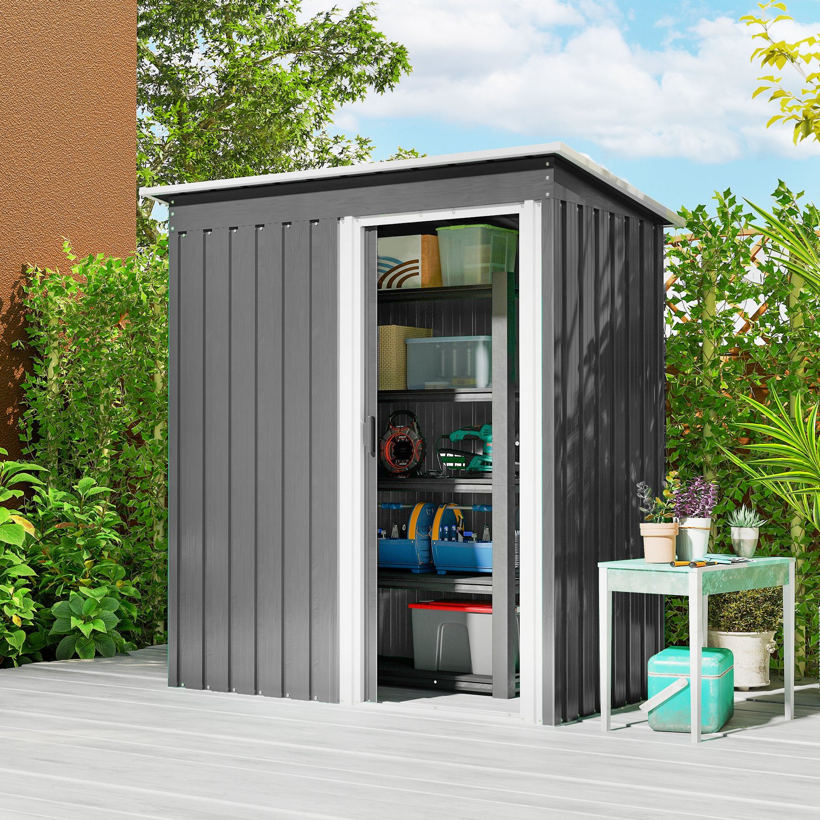 Outsunny 5 x 3ft Garden Storage Shed with Sliding Door and Sloped Roof Outdoor Equipment Tool, Light Grey