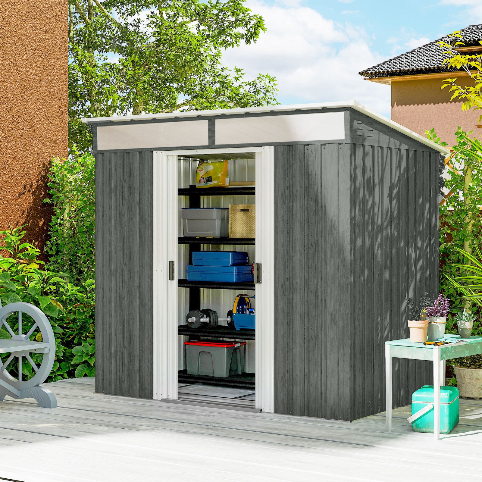 Outsunny 6.5 x 4FT Galvanised Metal Shed with Foundation Kit, Lockable Tool Garden Shed with Double Sliding Doors, Vents, Light Grey Wood Effect