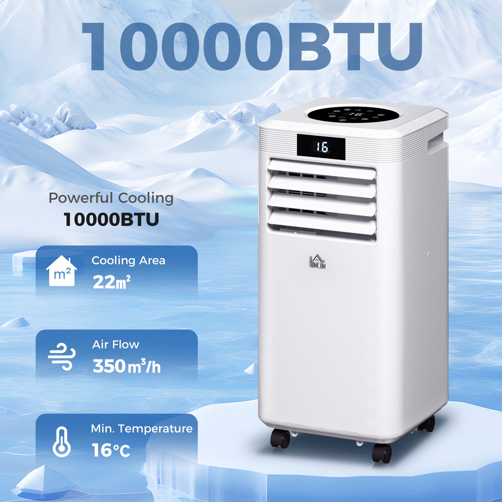 HOMCOM 10000 BTU Air Conditioning Unit, 3-in-1 Portable Air Conditioner, Dehumidifier, Cooling Fan with Remote Control, Digital Display, 2 Speeds, 24H Timer, Window Venting Kit, 22m