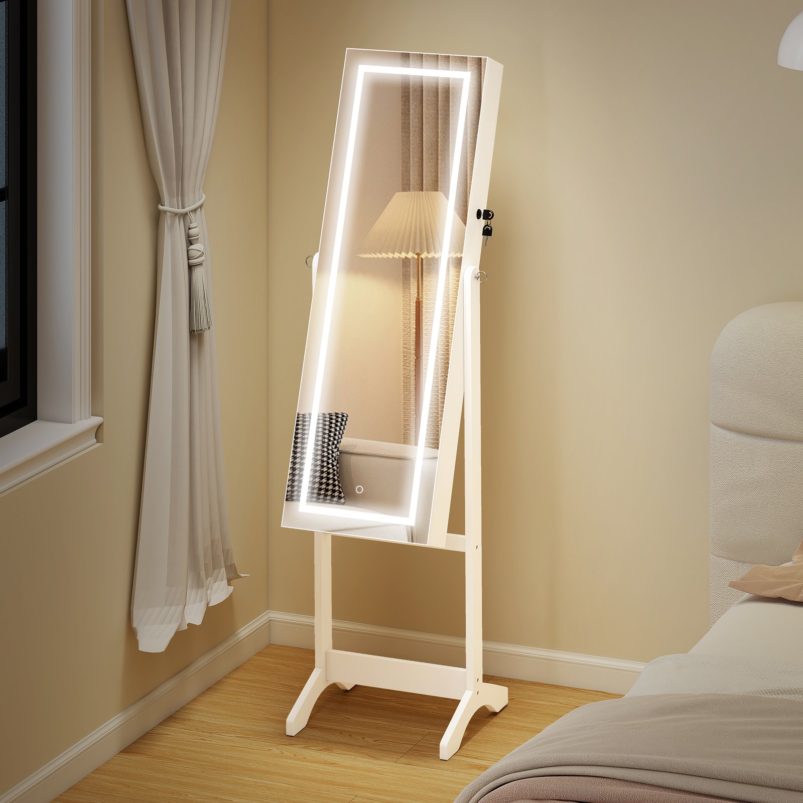 HOMCOM Jewellery Cabinet with LED Light, Lockable Jewellery Organiser with Full-Length Mirror for Bedroom Dressing Room, White