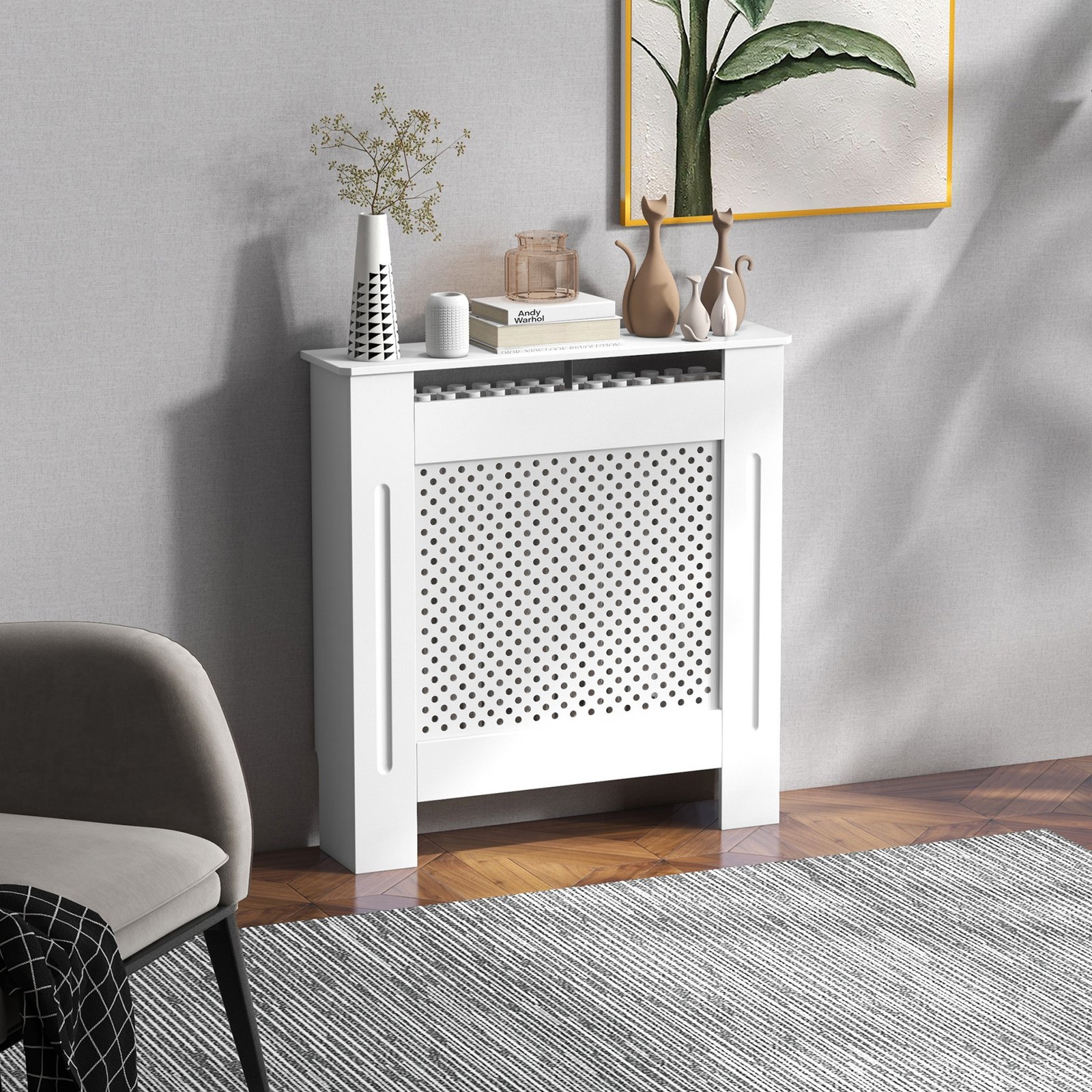 HOMCOM Wooden Radiator Cover Heating Cabinet Modern Home Furniture Grill Style  White Painted (Small)