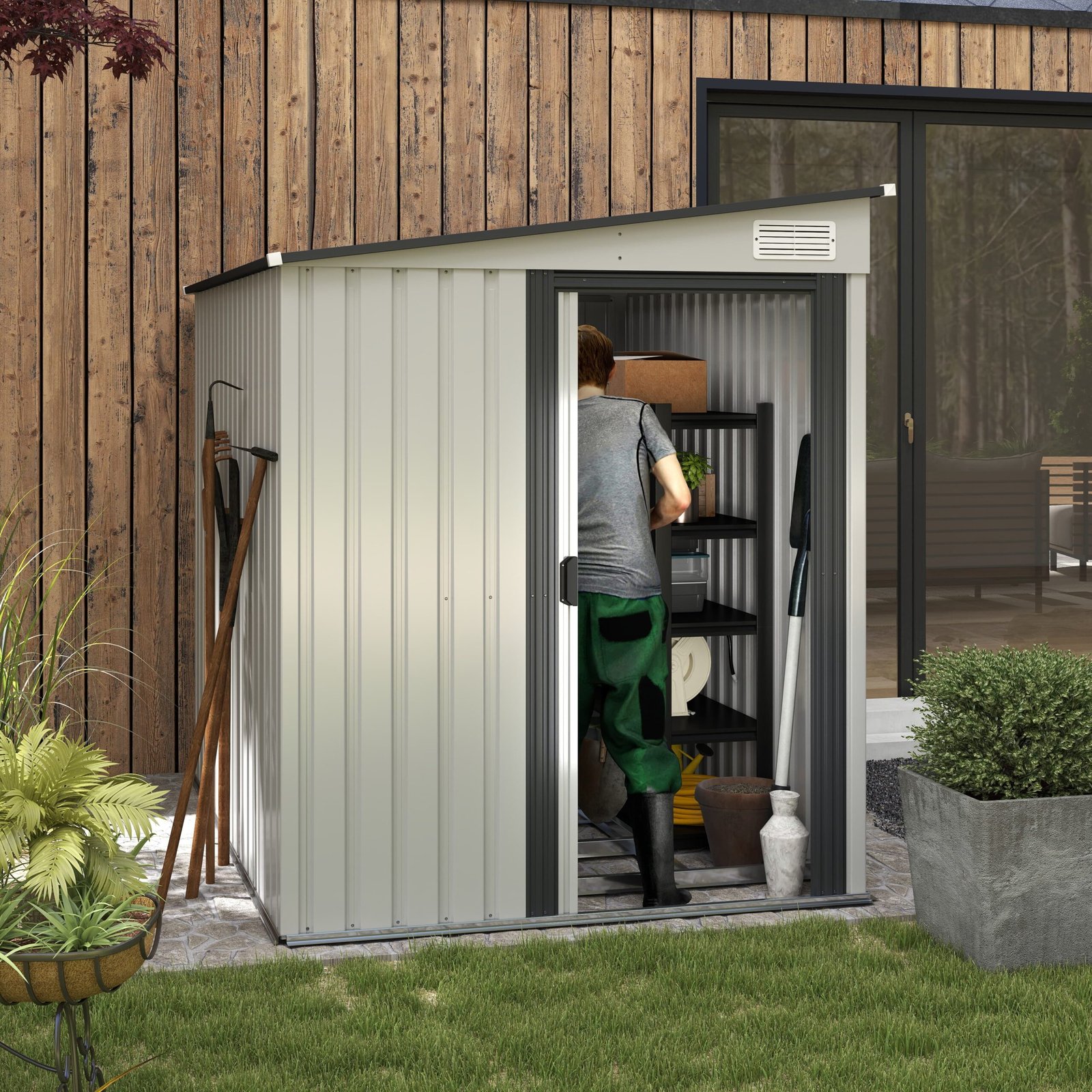 Outsunny 7 x 5ft Galvanised Metal Shed, with Sliding Door - White