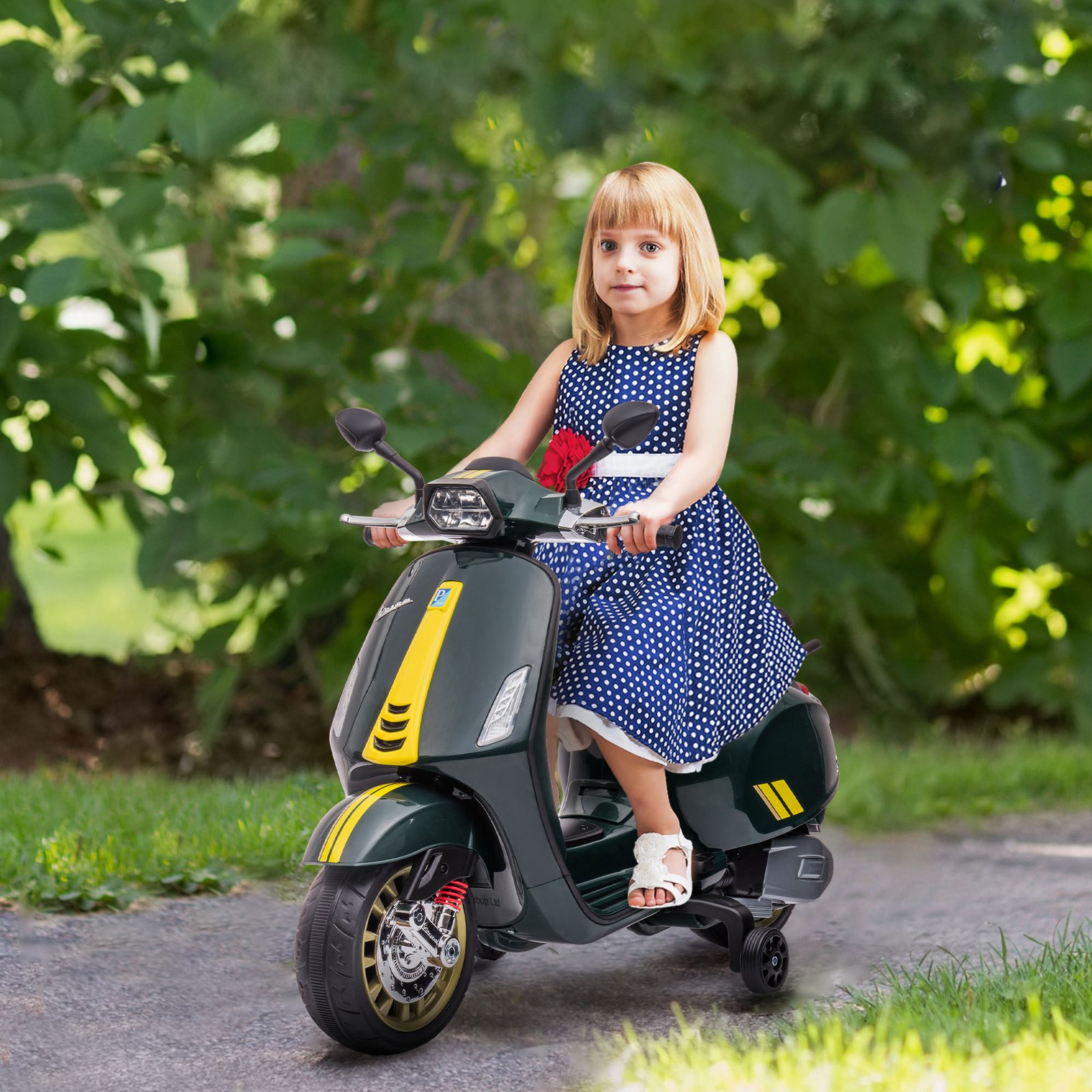 AIYAPLAY 12V Vespa Licensed Kids Electric Motorbike w/ Music, Lights, FM Radio, for 3-6 Years - Green