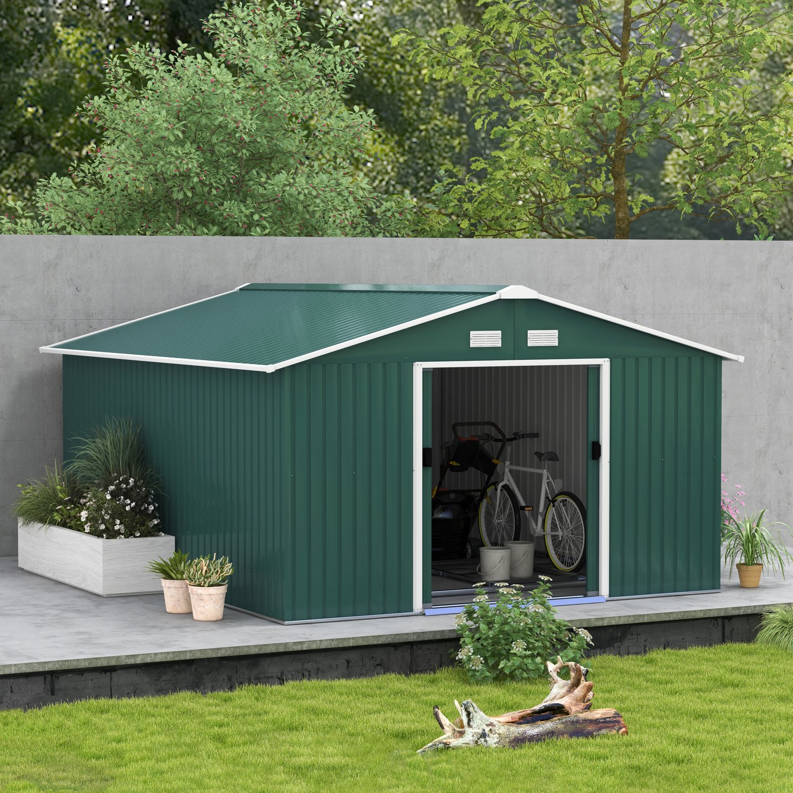 Outsunny 12.5ft x 11.1ft Durable Steel Sliding Door Storage Shed with Four Ventilation - Green