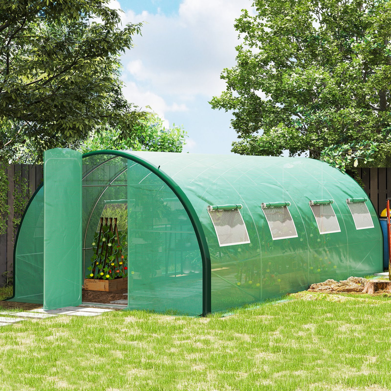 Outsunny Polyethylene Upgraded Structure Walk-in Polytunnel Greenhouse, 6 x 3 m, Green