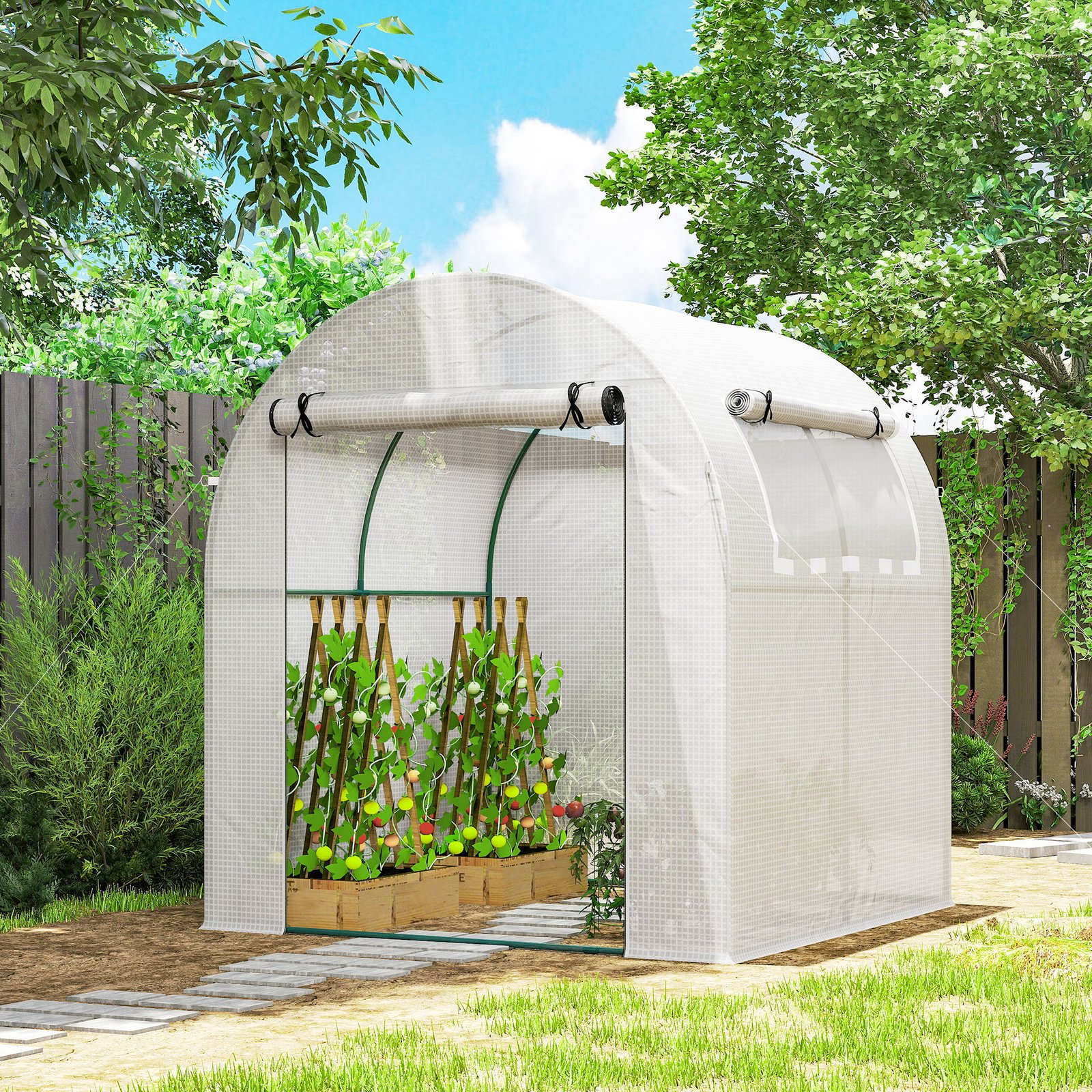 Outsunny Walk in Polytunnel Greenhouse, Green House for Garden with Roll-up Window and Door, 1.8 x 1.8 x 2 m, White