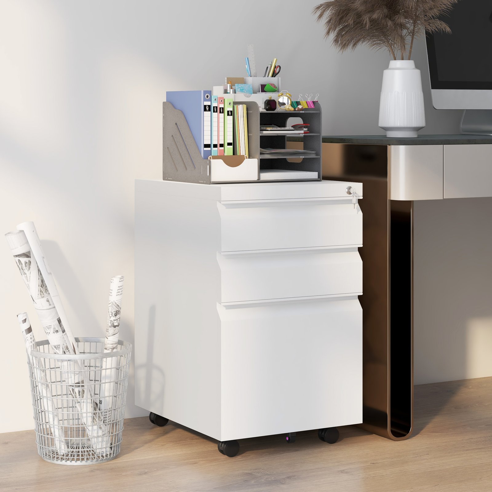 Vinsetto 3-Drawer Filing Cabinet with Lock, Mobile Steel File Cabinet for A4, Legal and Letter Size, Under Desk Drawers with Pre-Assembled Body for Home Office, 37 x 43.5 x 60 cm, White