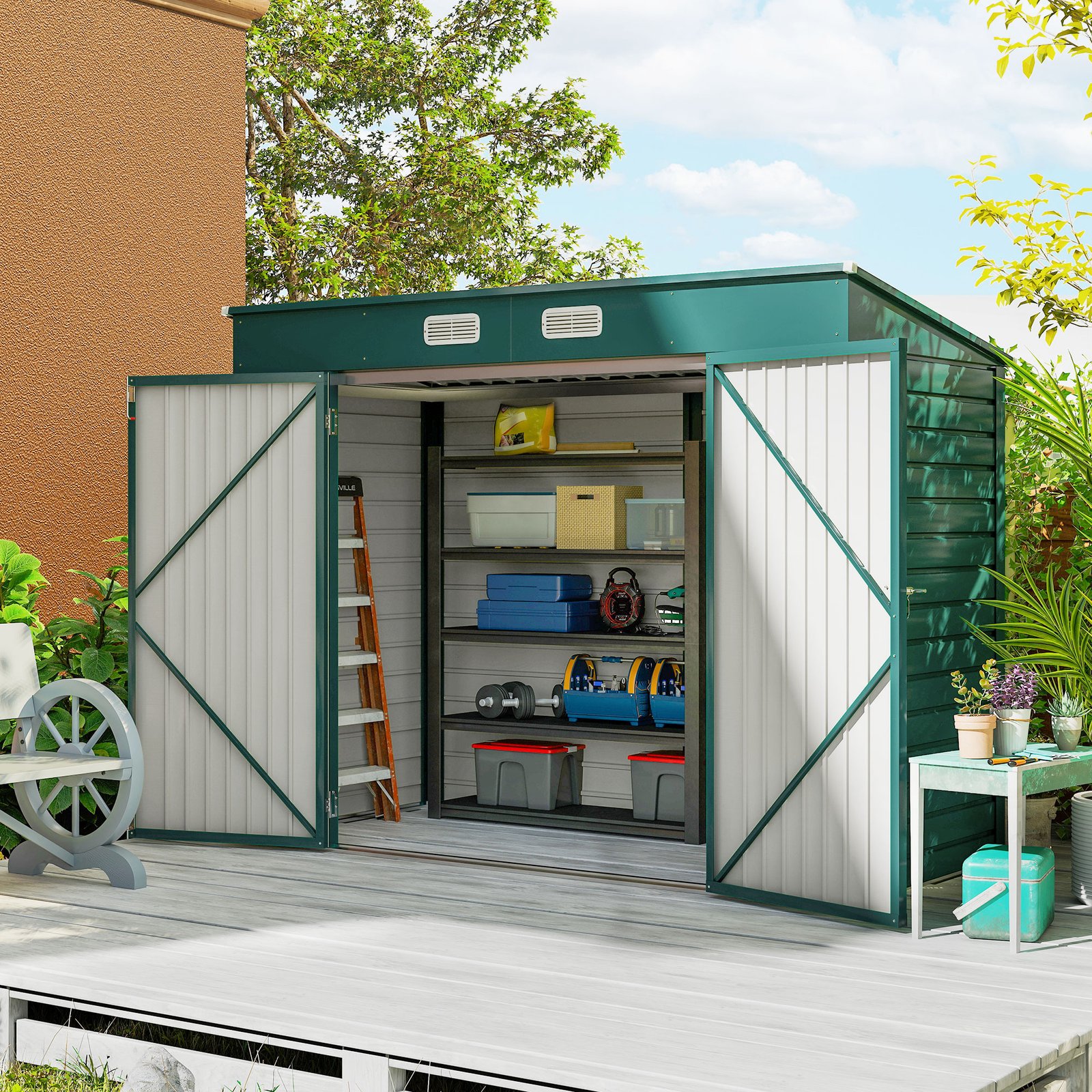 Outsunny 3.7 x 7.9ft Galvanised Steel Shed, with Latched Door and Padlock - Green