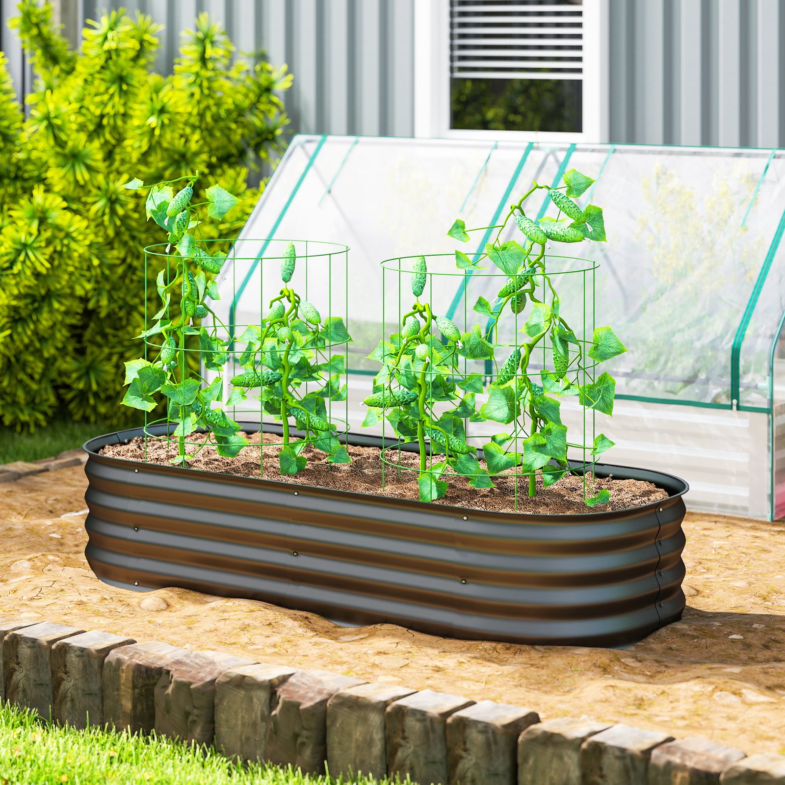 Outsunny Galvanised Raised Garden Bed, Metal Planter Box with Safety Edging, for Flowers, Herbs, Succulents, Dark Grey