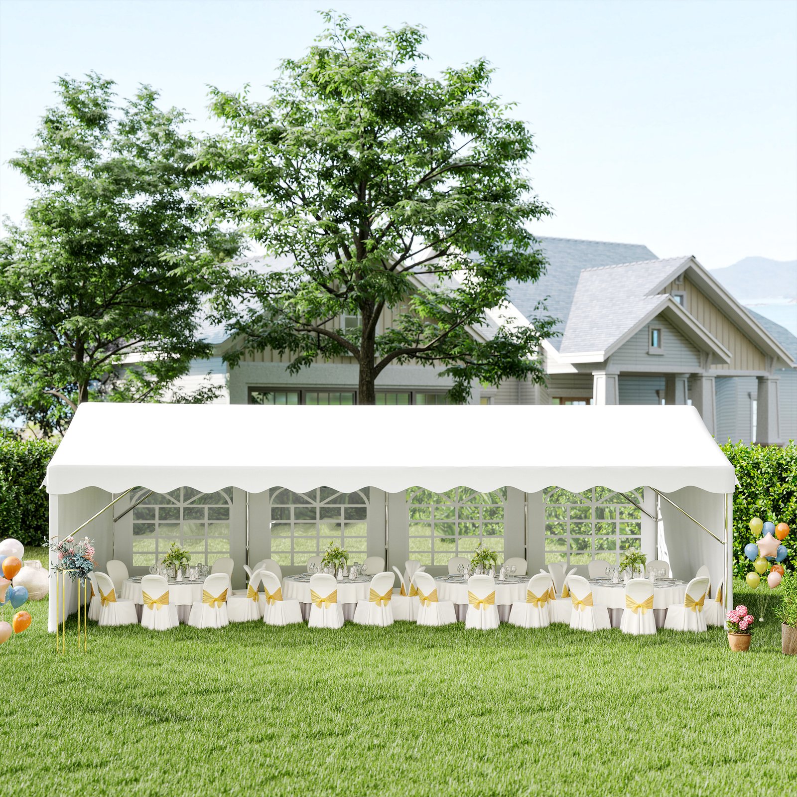 Outsunny 8m x 4m Garden Gazebo Marquee Wedding Shelter Level 4 Wind Protection, White