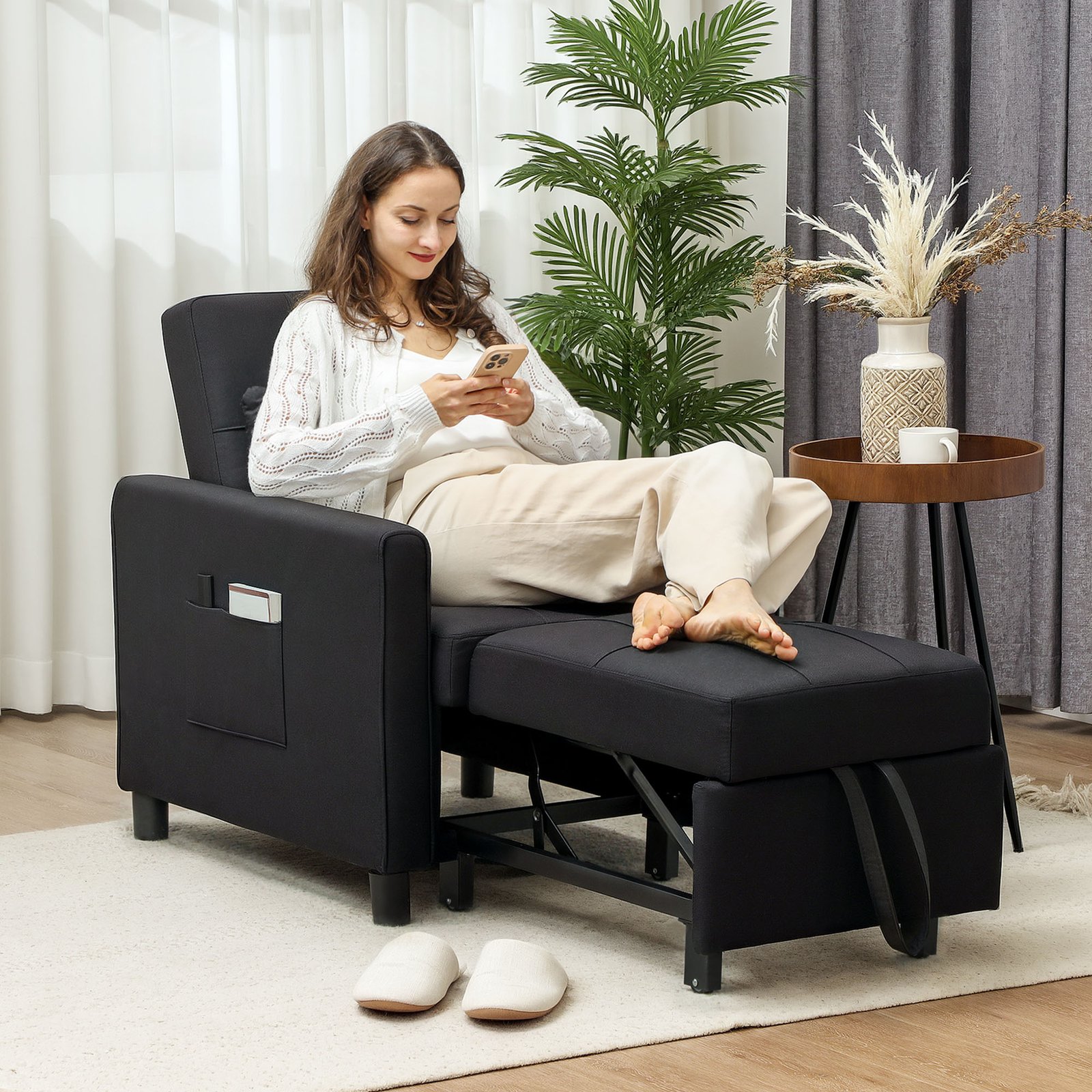 HOMCOM 3-In-1 Linen-Look Single Chair Bed with 11cm Thick Adjustable Back & Eucalyptus Wood Sofa Frame - Black