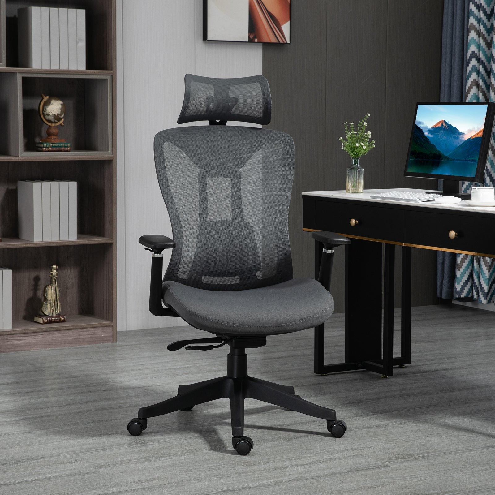 Vinsetto Mesh Office Chair, Ergonomic Desk Chair, Computer Chair with Adjustable Headrest and Lumbar Support, 135 Reclining Back and 3D Armrest for Home Office Study, Grey