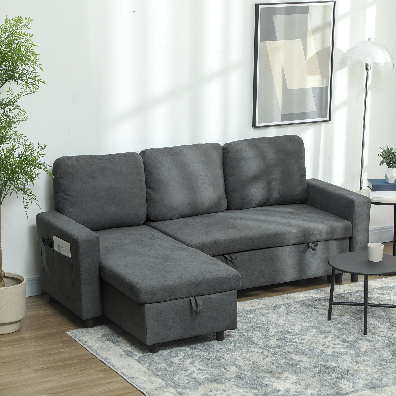 HOMCOM Pull Out Sofa Bed with Storage - Charcoal Grey