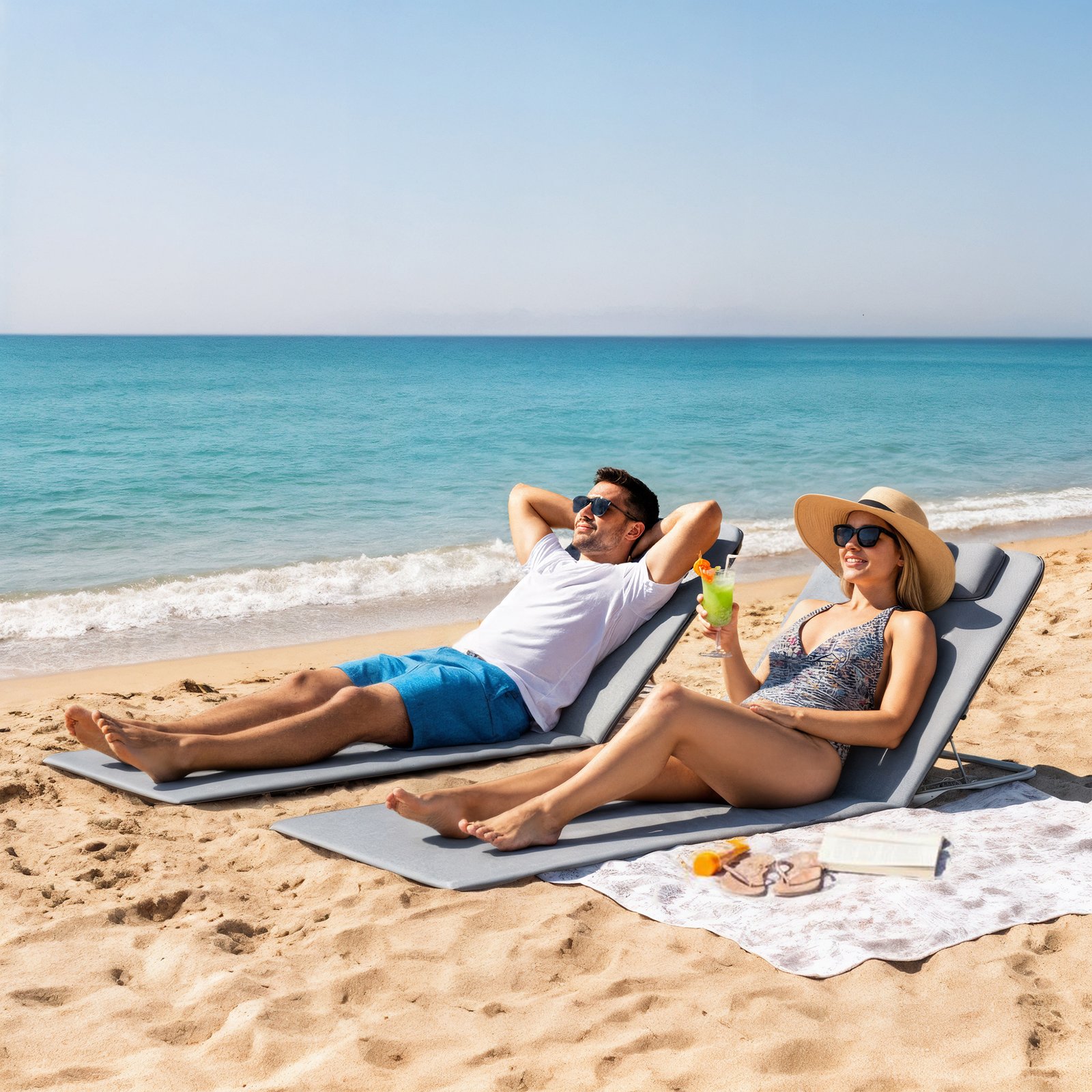 Outsunny Set of 2 Foldable Garden Beach Chair Mat Lightweight Outdoor Sun Lounger Seats Adjustable Back Metal Frame PE Fabric Head Pillow w/ Carry Bag,Grey